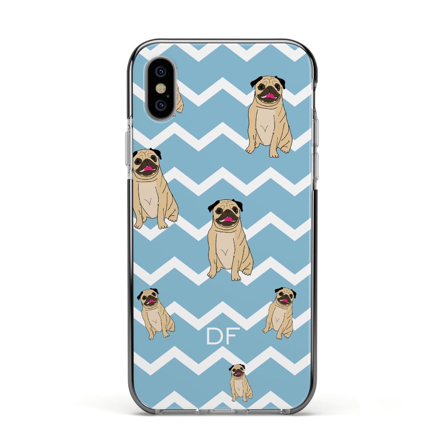 Personalised Pug Initials Apple iPhone Xs Impact Case Black Edge on Silver Phone
