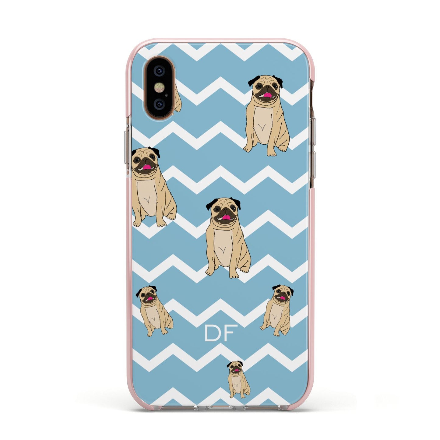 Personalised Pug Initials Apple iPhone Xs Impact Case Pink Edge on Gold Phone