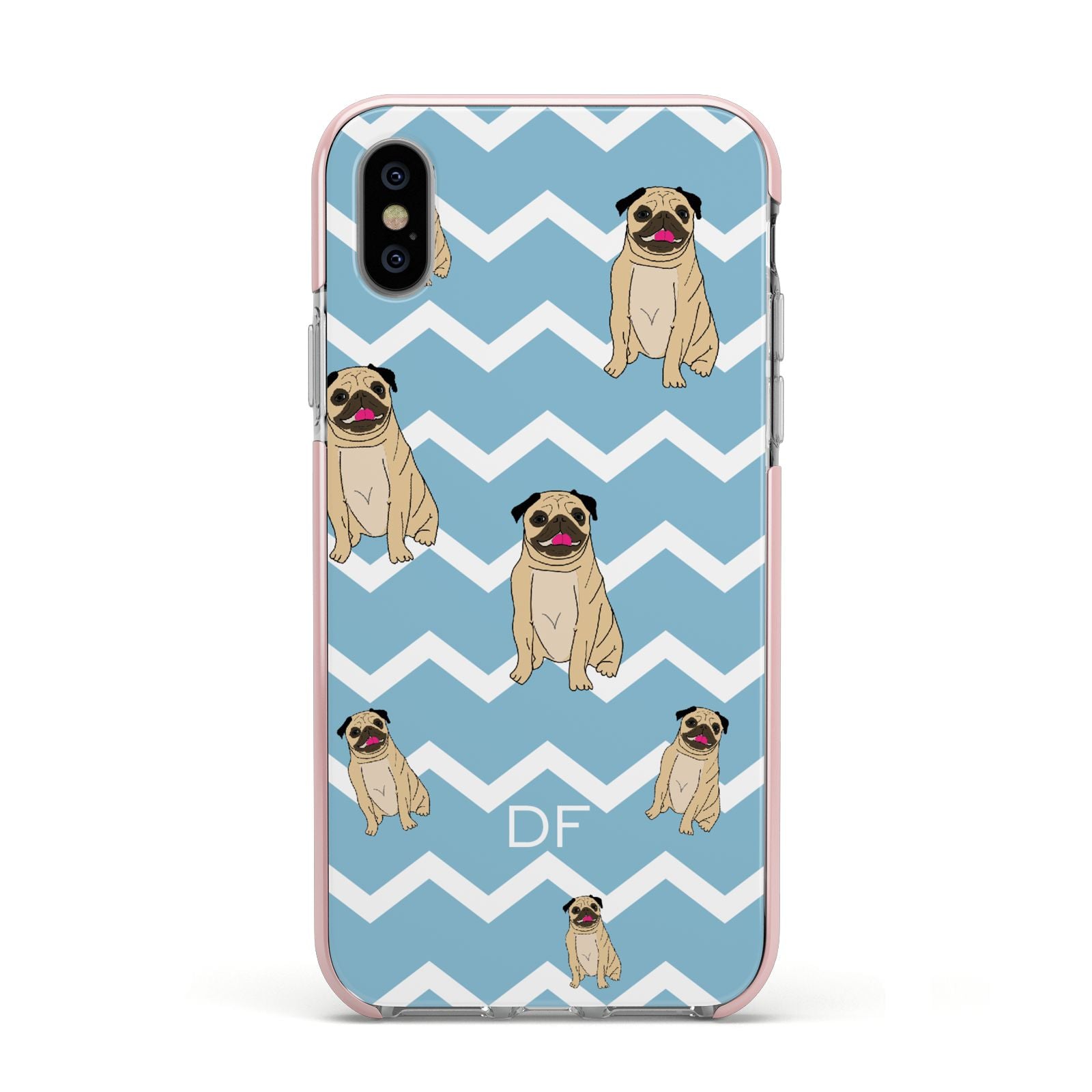 Personalised Pug Initials Apple iPhone Xs Impact Case Pink Edge on Silver Phone