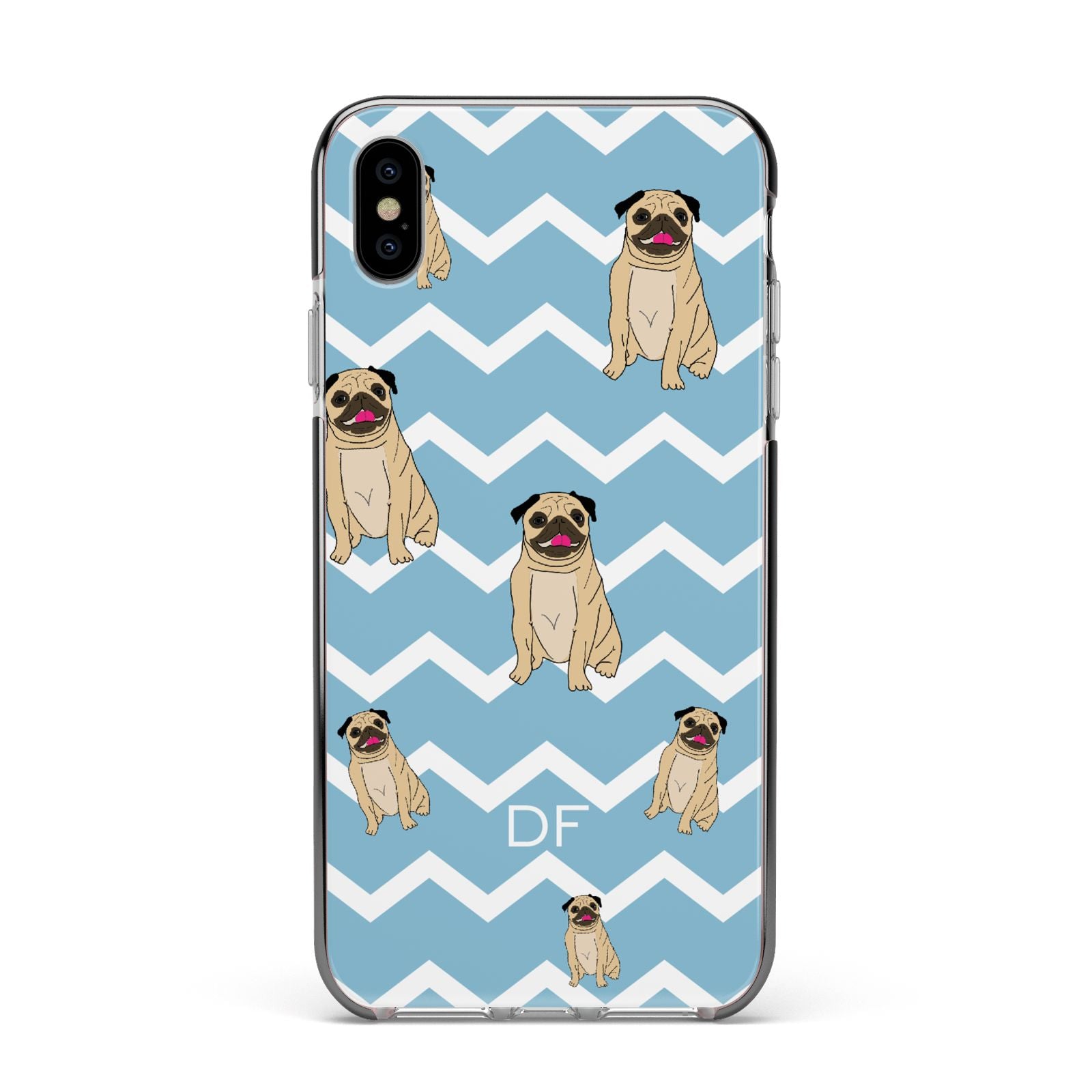 Personalised Pug Initials Apple iPhone Xs Max Impact Case Black Edge on Silver Phone