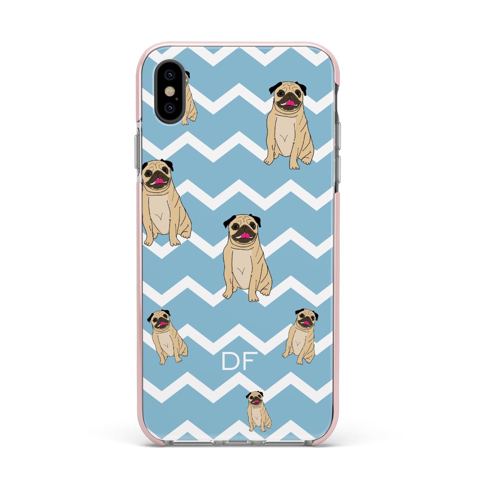 Personalised Pug Initials Apple iPhone Xs Max Impact Case Pink Edge on Black Phone