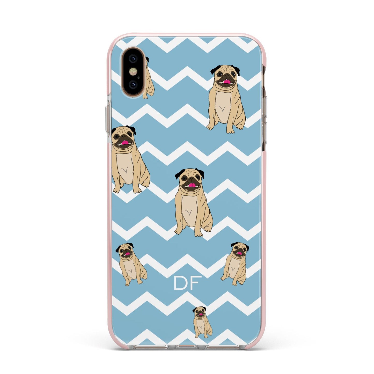 Personalised Pug Initials Apple iPhone Xs Max Impact Case Pink Edge on Gold Phone