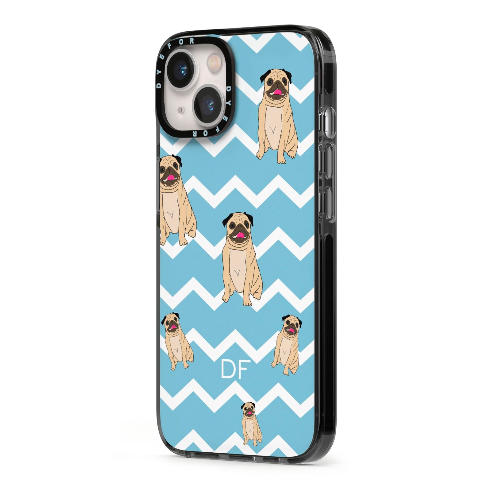 Personalised Pug Initials iPhone 13 Black Impact Case Side Angle on Silver phone