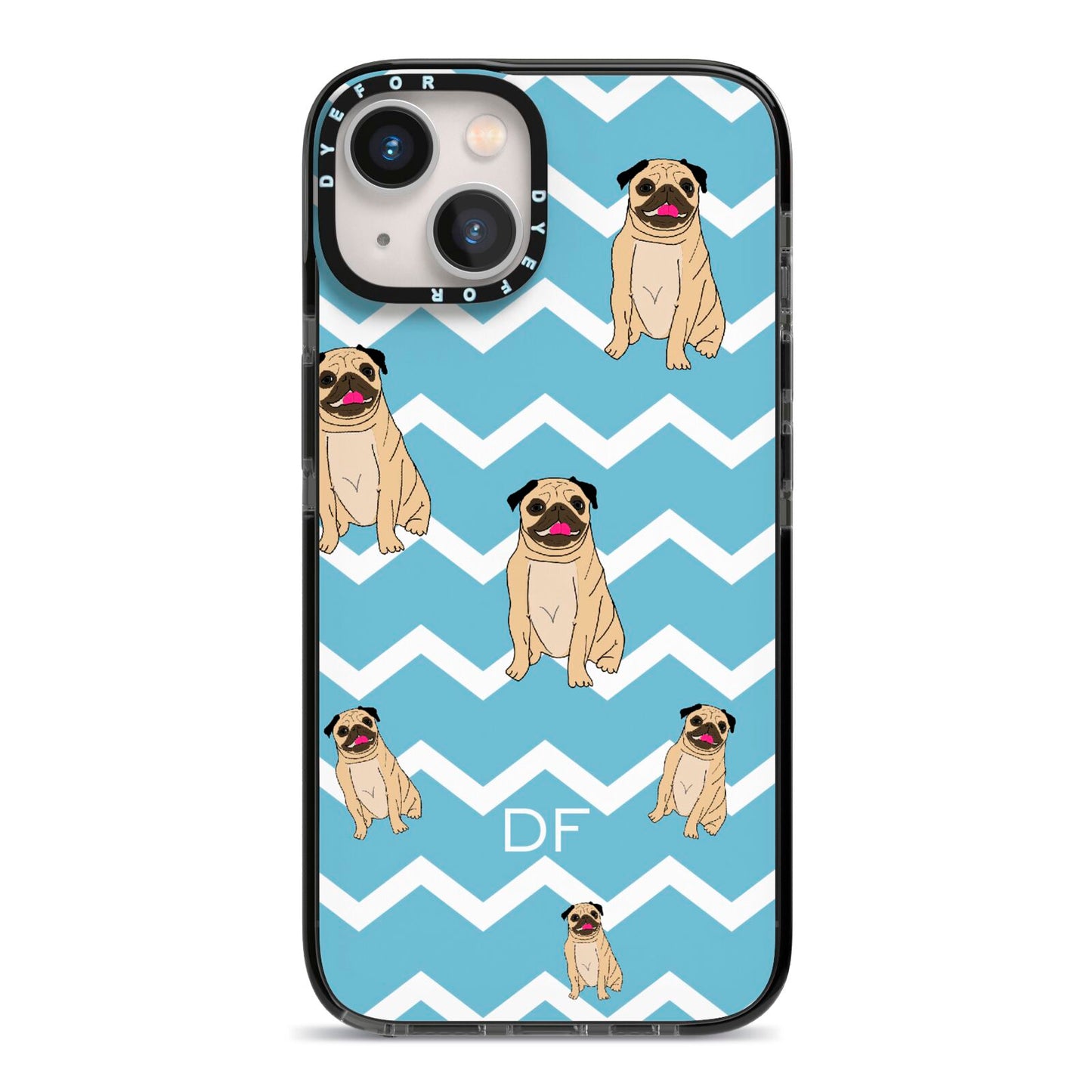 Personalised Pug Initials iPhone 13 Black Impact Case on Silver phone