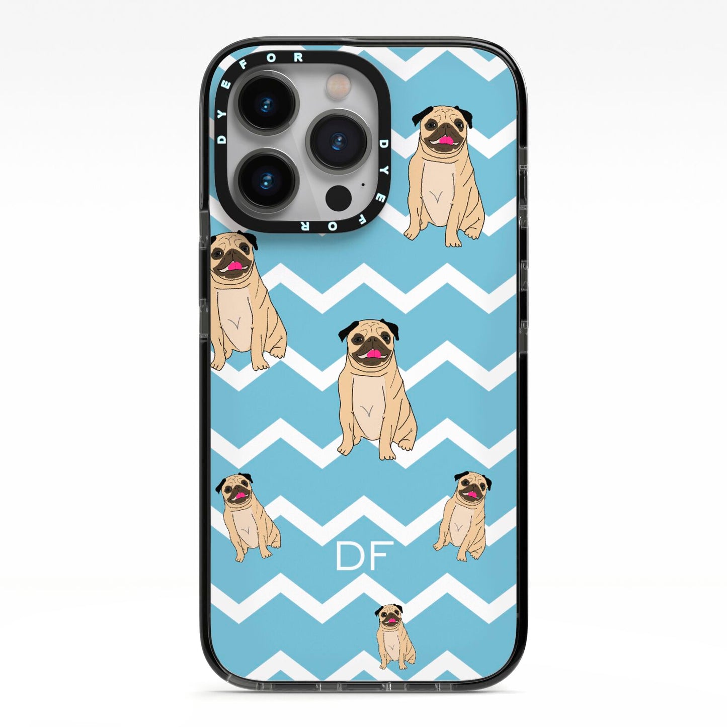 Personalised Pug Initials iPhone 13 Pro Black Impact Case on Silver phone