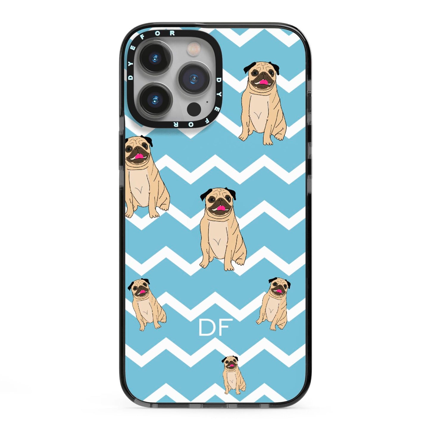 Personalised Pug Initials iPhone 13 Pro Max Black Impact Case on Silver phone