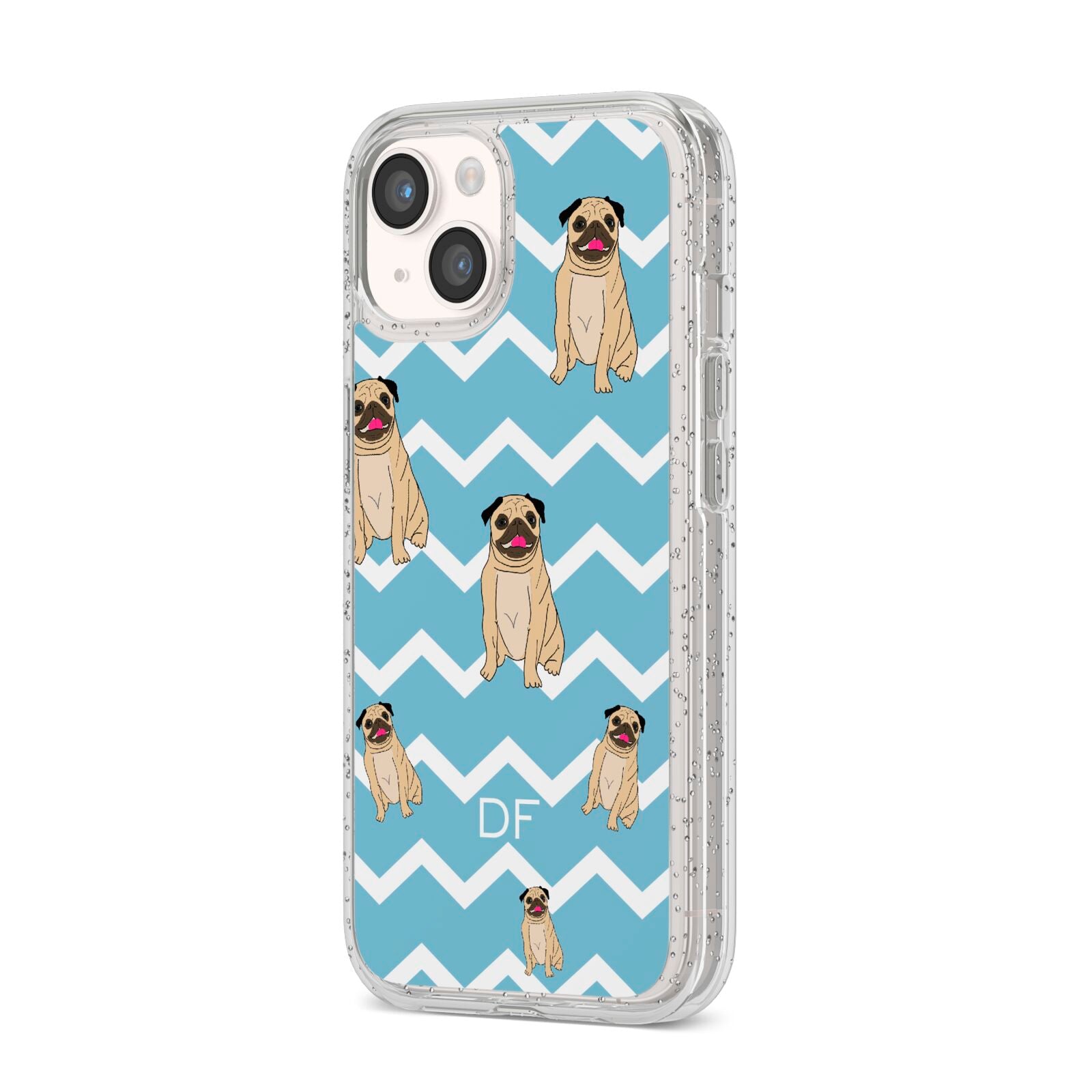 Personalised Pug Initials iPhone 14 Glitter Tough Case Starlight Angled Image