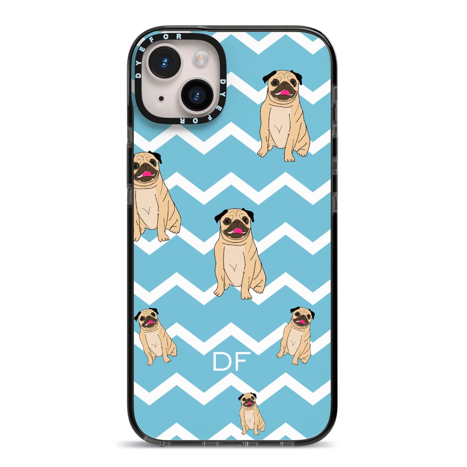 Personalised Pug Initials iPhone 14 Plus Black Impact Case on Silver phone