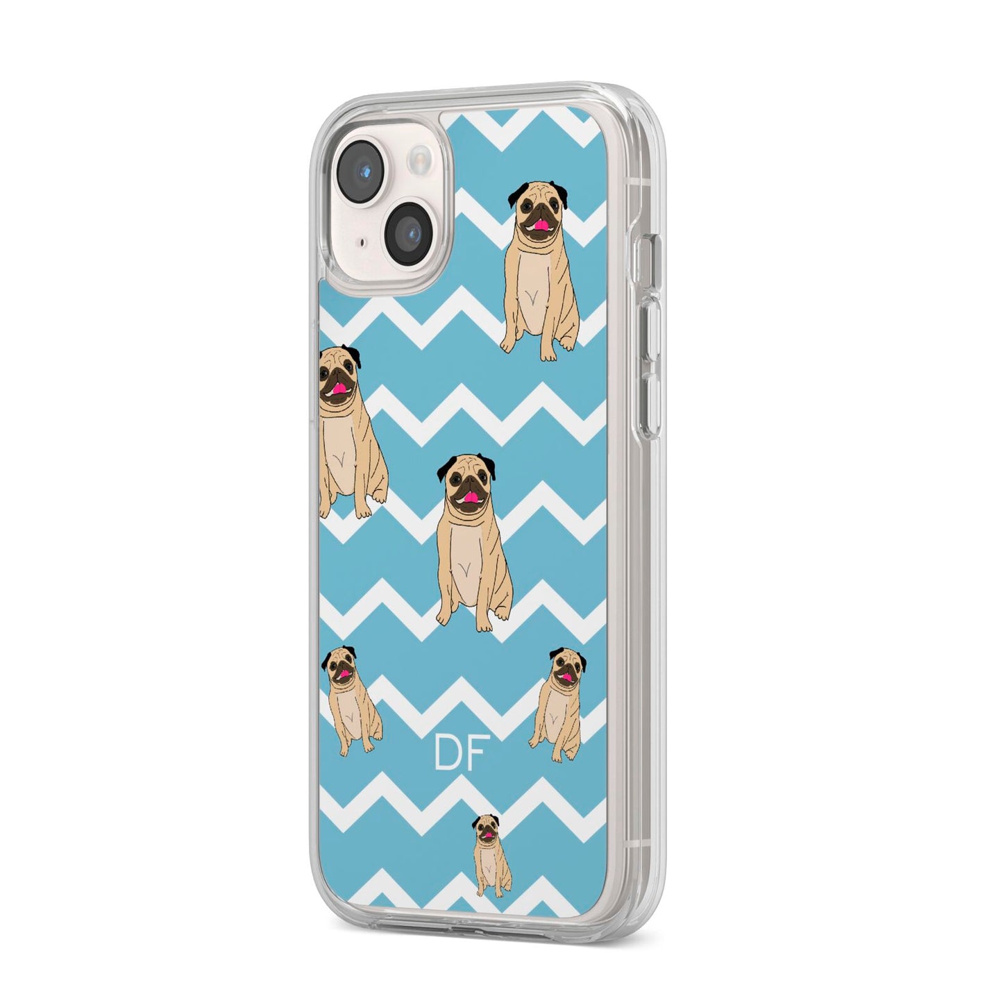 Personalised Pug Initials iPhone 14 Plus Clear Tough Case Starlight Angled Image