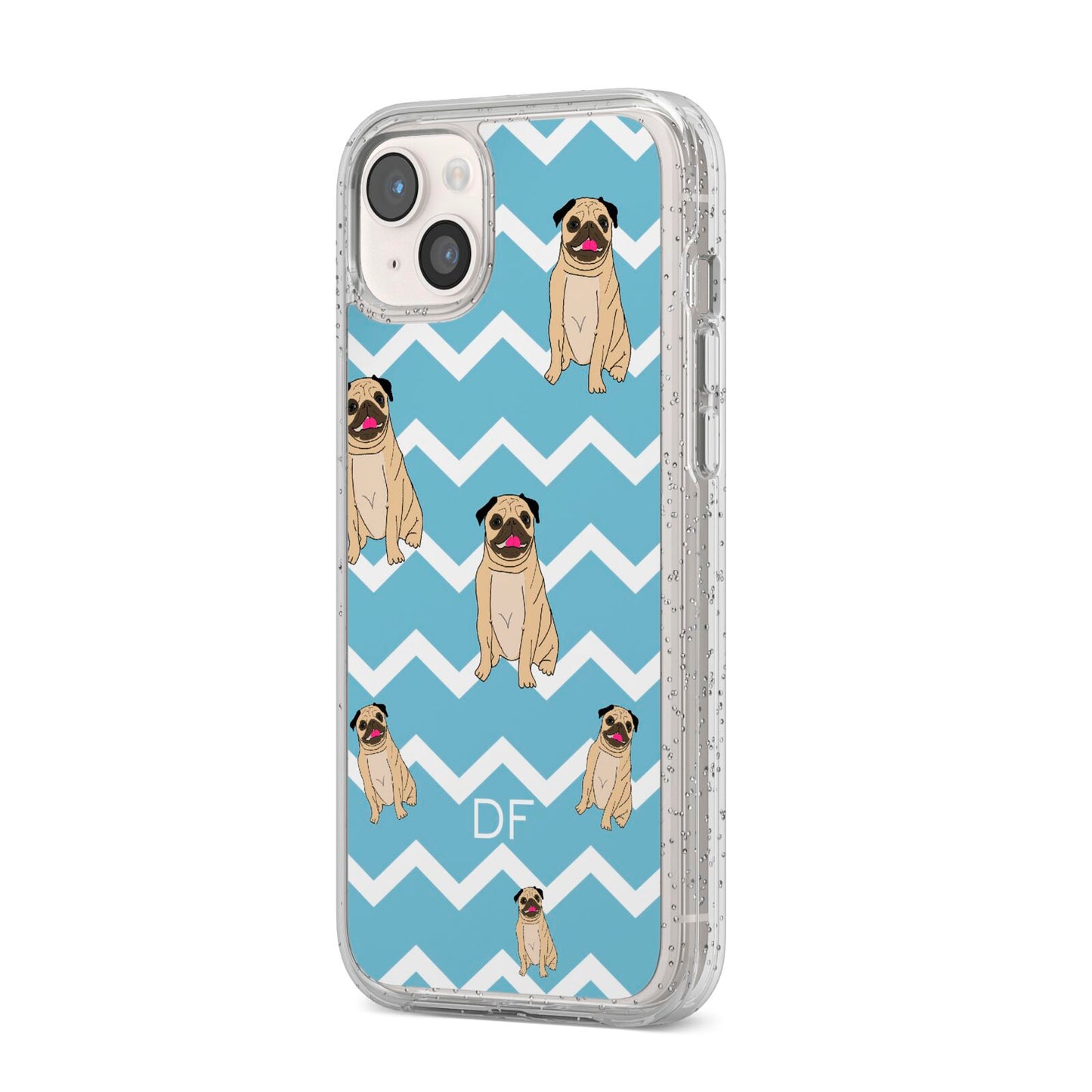 Personalised Pug Initials iPhone 14 Plus Glitter Tough Case Starlight Angled Image