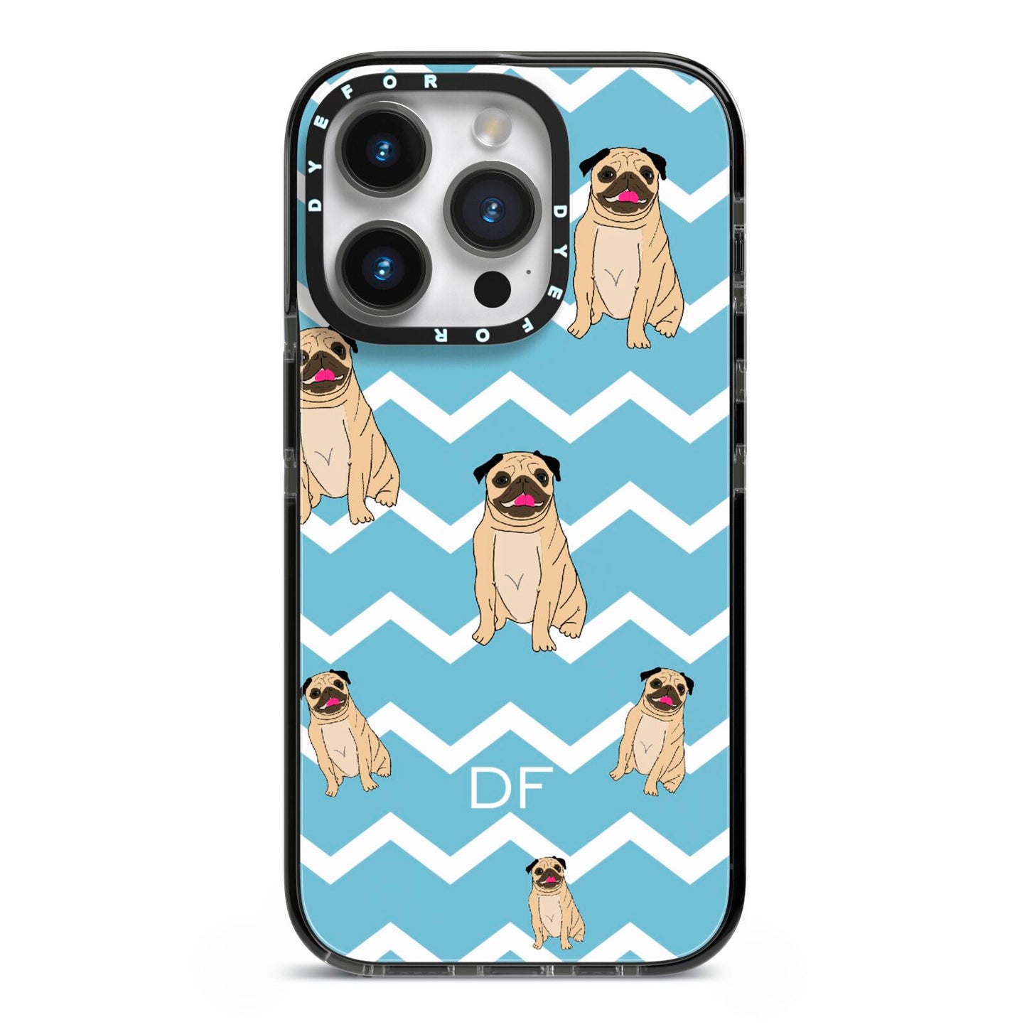 Personalised Pug Initials iPhone 14 Pro Black Impact Case on Silver phone