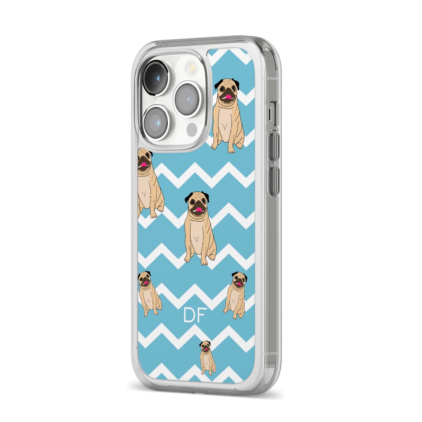 Personalised Pug Initials iPhone 14 Pro Clear Tough Case Silver Angled Image