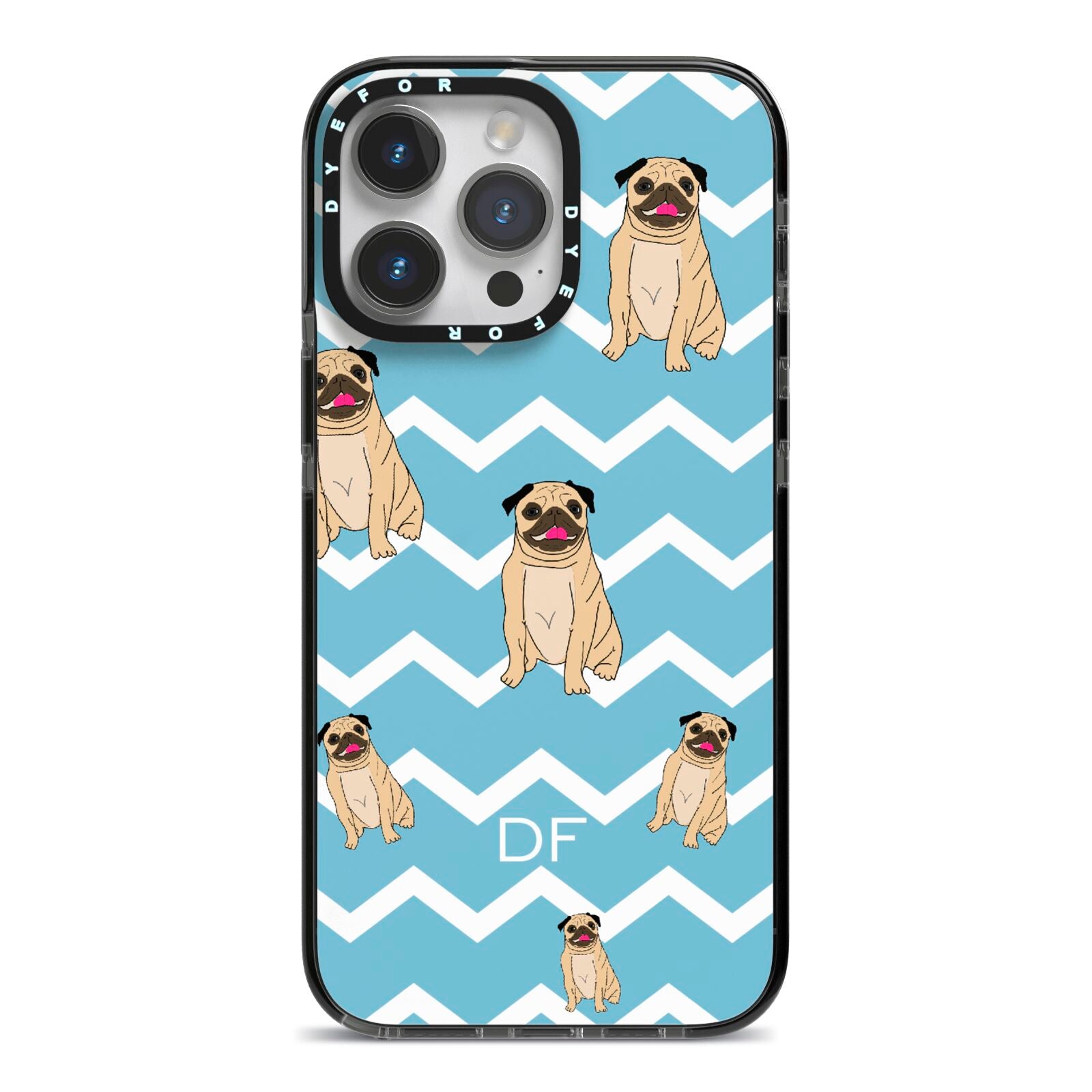 Personalised Pug Initials iPhone 14 Pro Max Black Impact Case on Silver phone