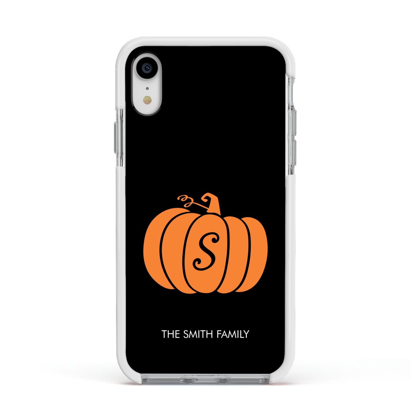Personalised Pumpkin Apple iPhone XR Impact Case White Edge on Silver Phone