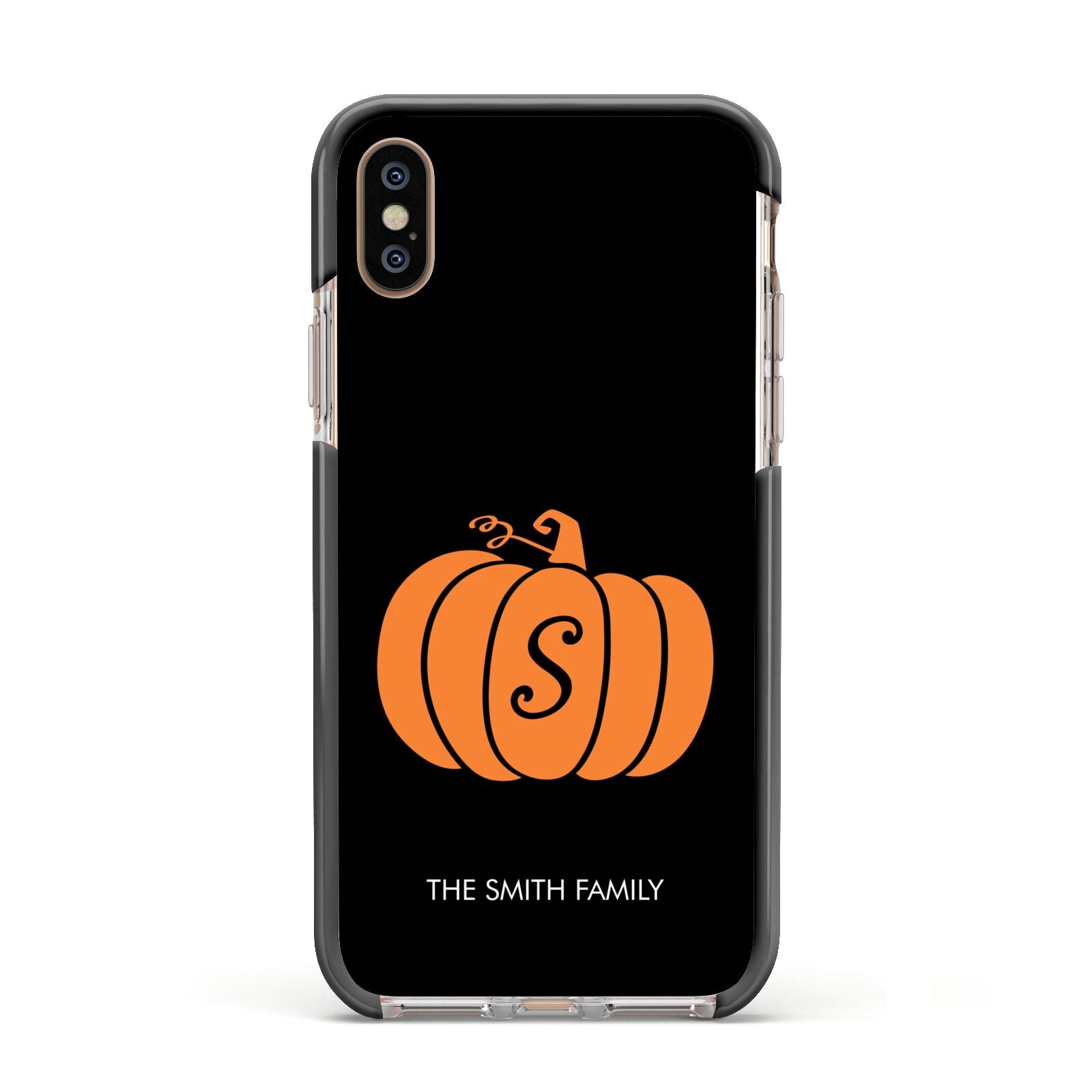 Personalised Pumpkin Apple iPhone Xs Impact Case Black Edge on Gold Phone