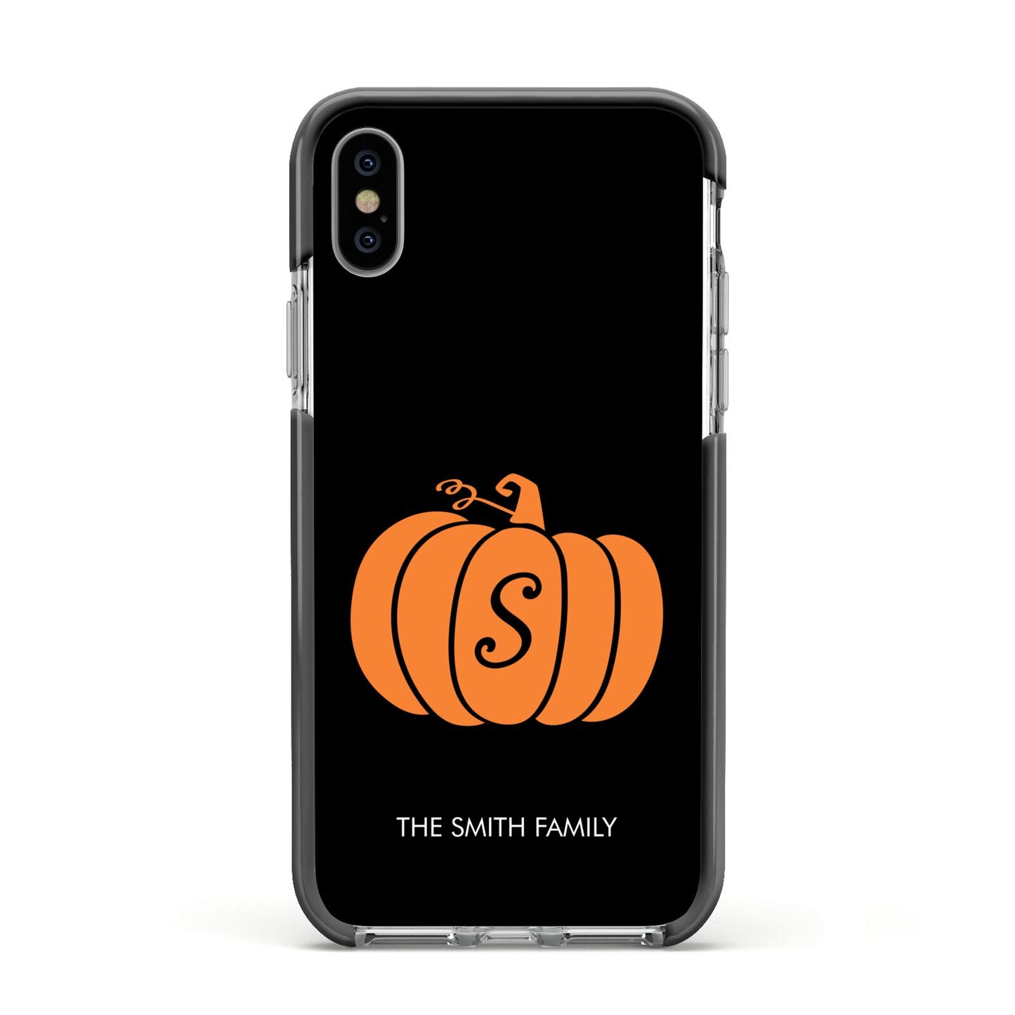 Personalised Pumpkin Apple iPhone Xs Impact Case Black Edge on Silver Phone