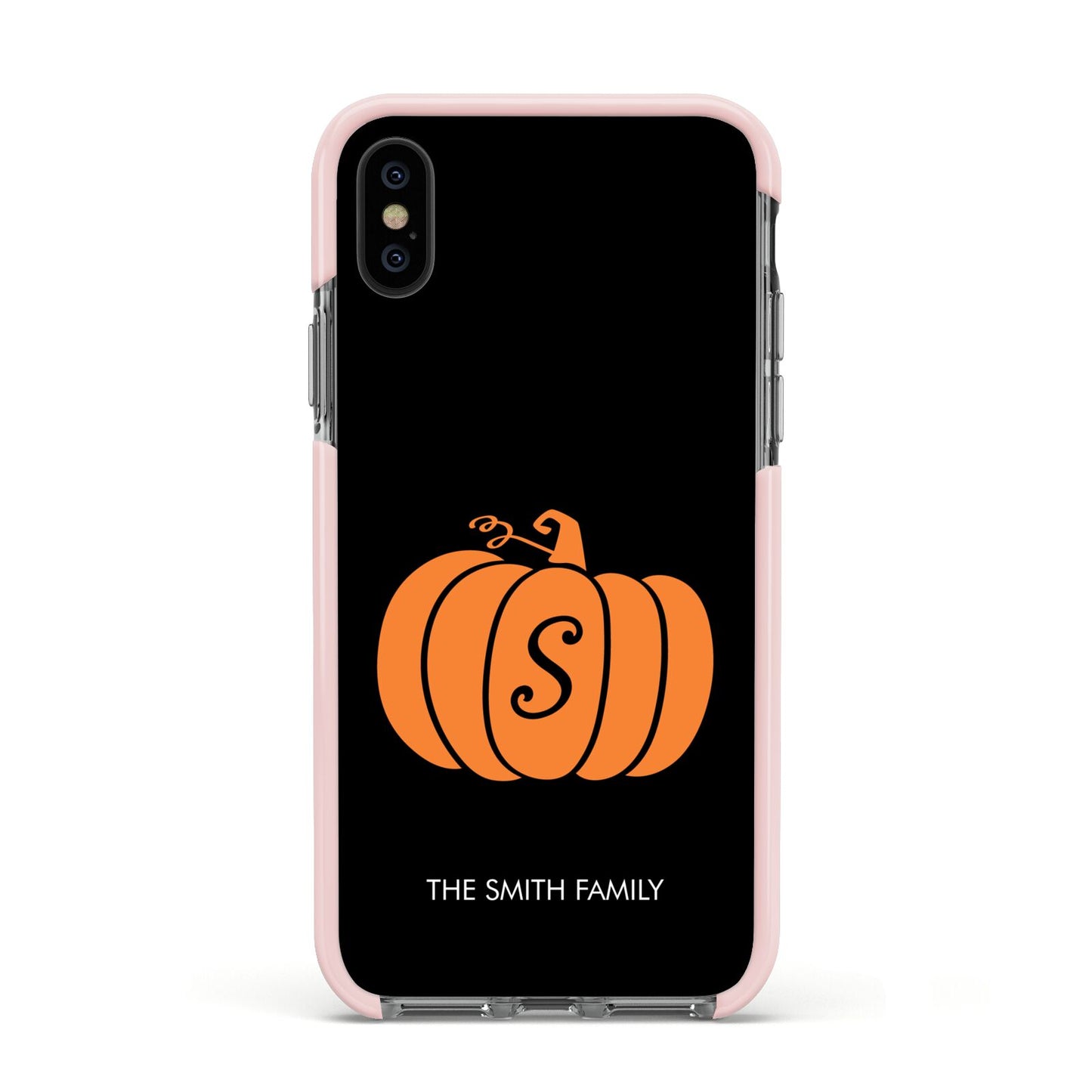 Personalised Pumpkin Apple iPhone Xs Impact Case Pink Edge on Black Phone