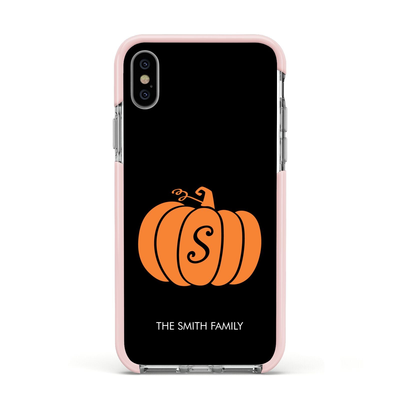 Personalised Pumpkin Apple iPhone Xs Impact Case Pink Edge on Silver Phone