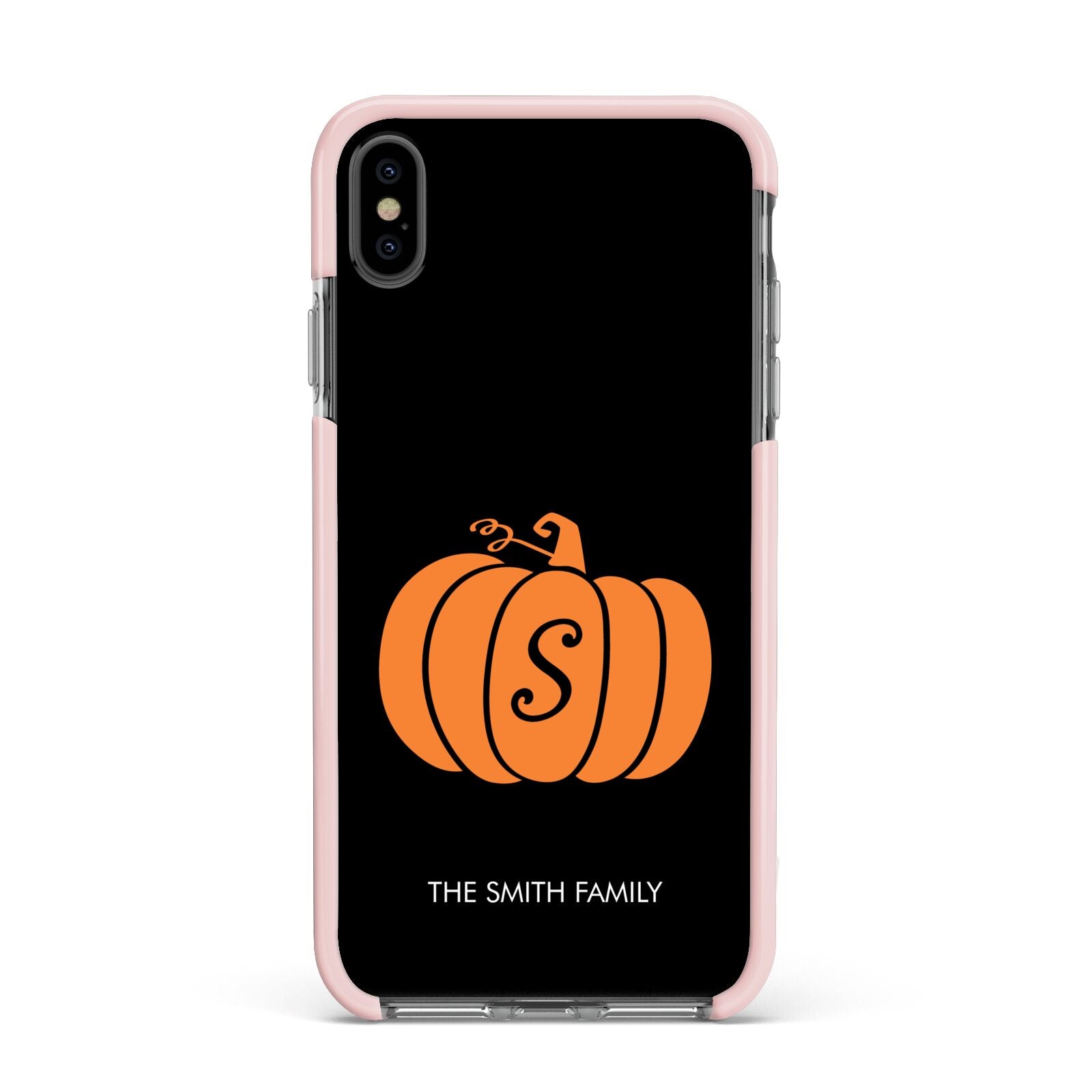 Personalised Pumpkin Apple iPhone Xs Max Impact Case Pink Edge on Black Phone