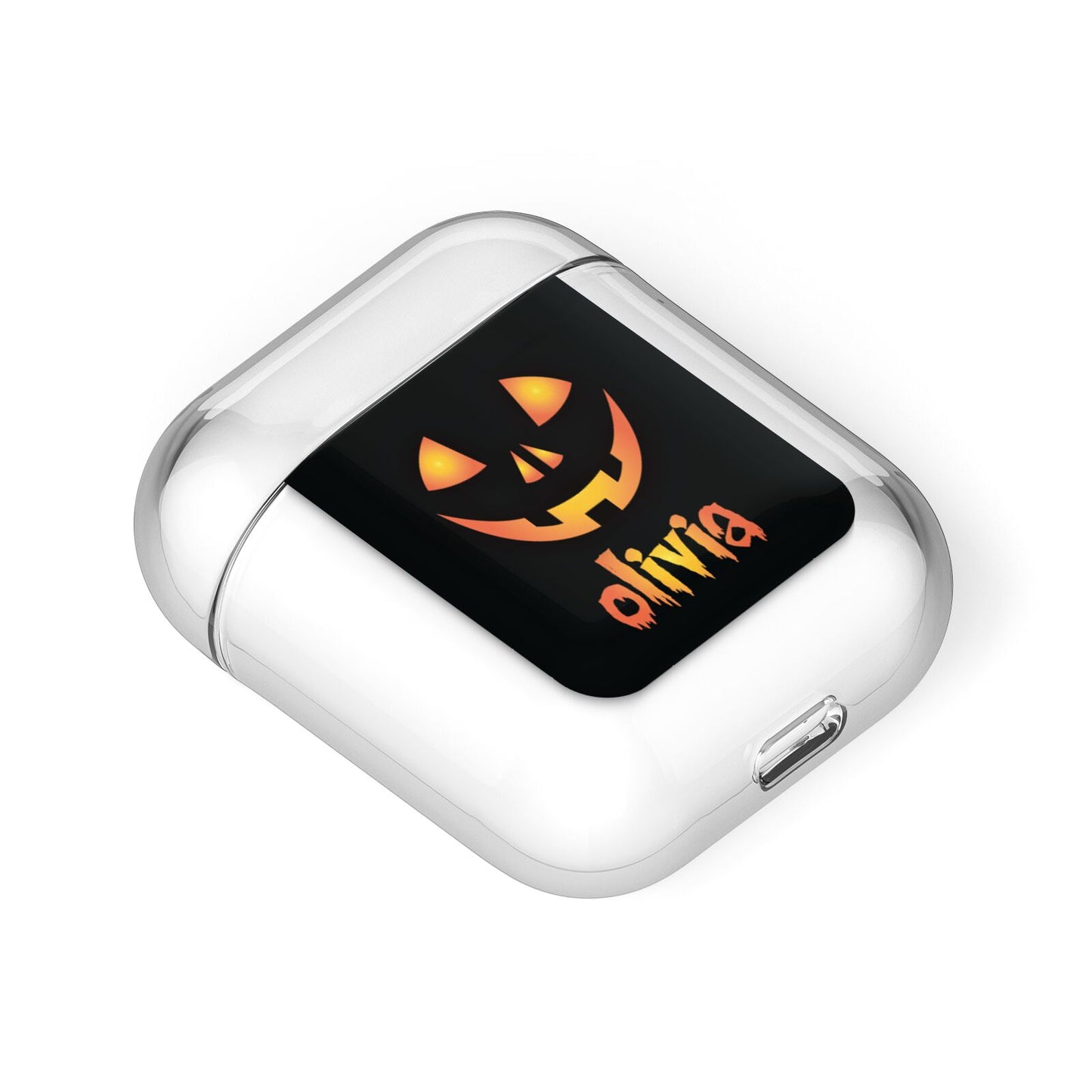 Personalised Pumpkin Face Halloween AirPods Case Laid Flat
