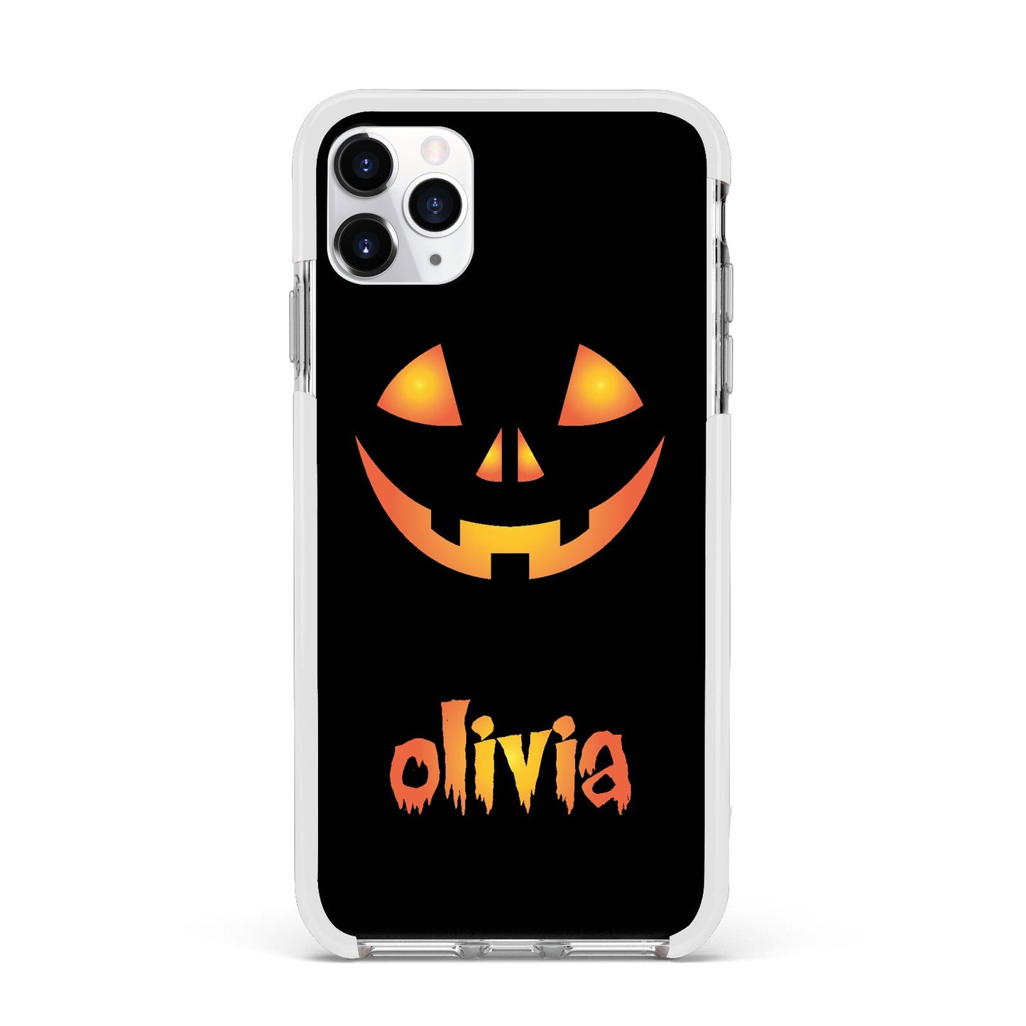 Personalised Pumpkin Face Halloween Apple iPhone 11 Pro Max in Silver with White Impact Case