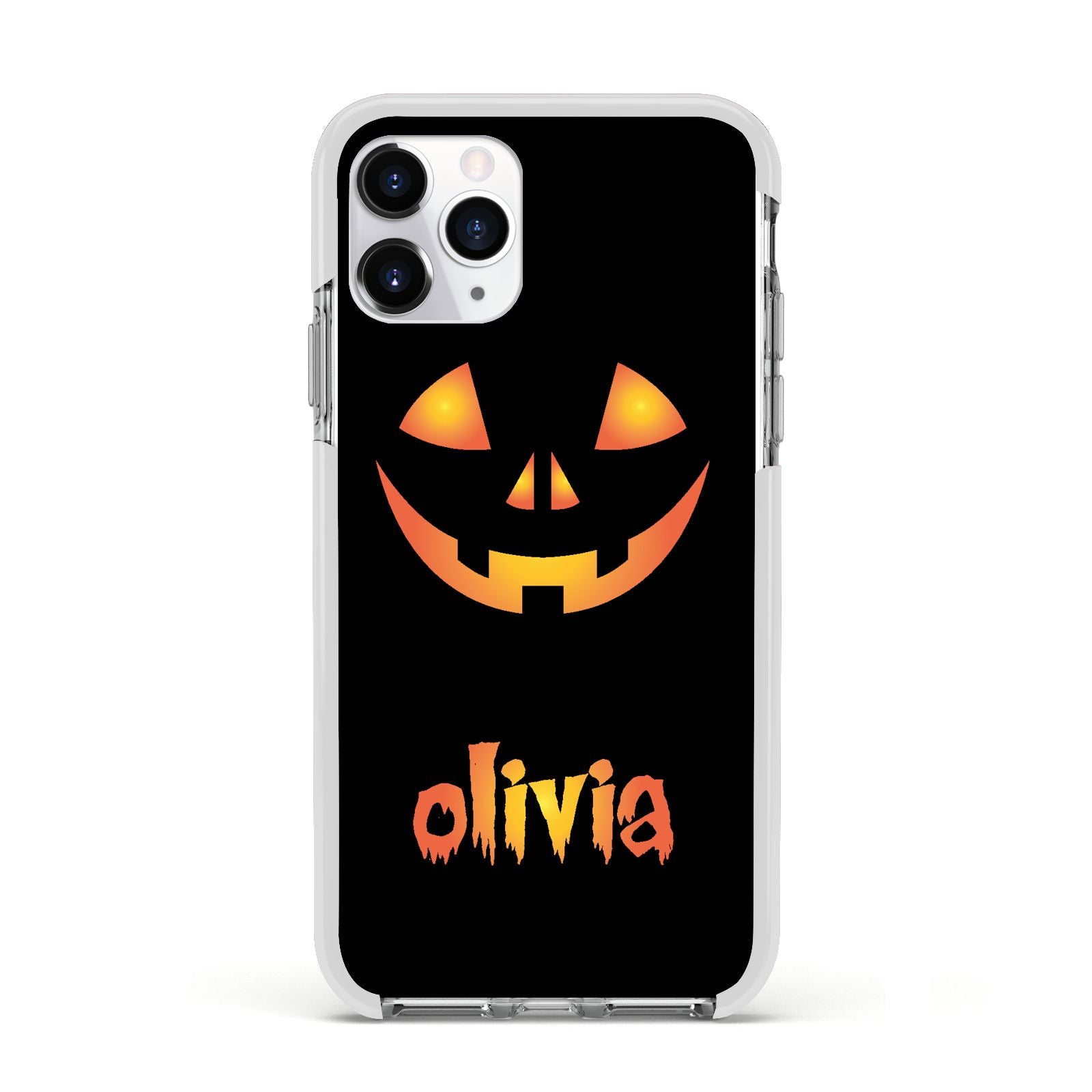 Personalised Pumpkin Face Halloween Apple iPhone 11 Pro in Silver with White Impact Case