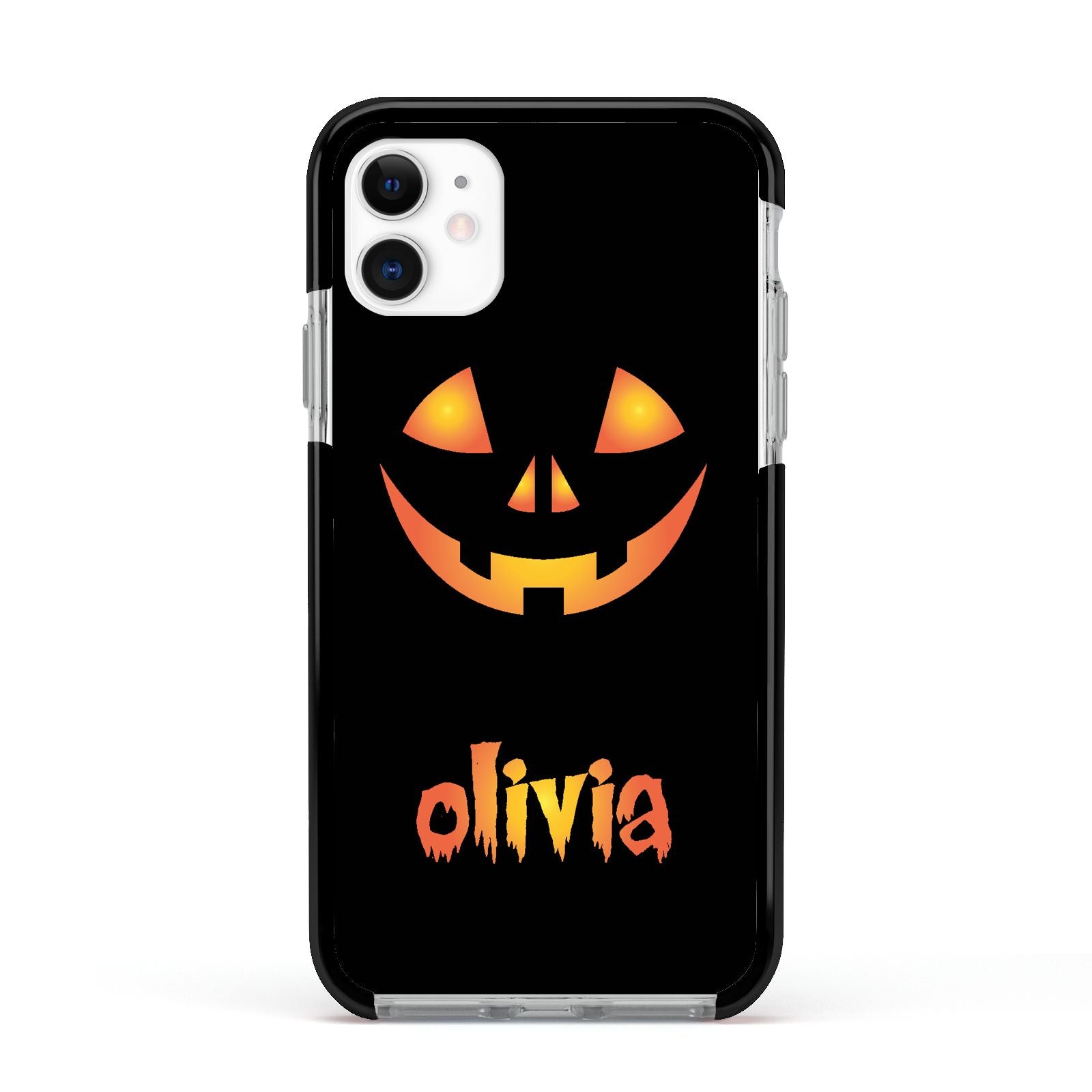 Personalised Pumpkin Face Halloween Apple iPhone 11 in White with Black Impact Case