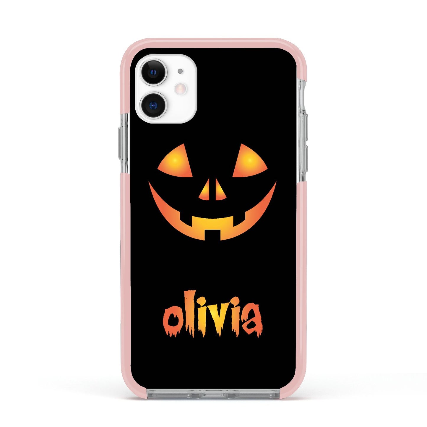 Personalised Pumpkin Face Halloween Apple iPhone 11 in White with Pink Impact Case