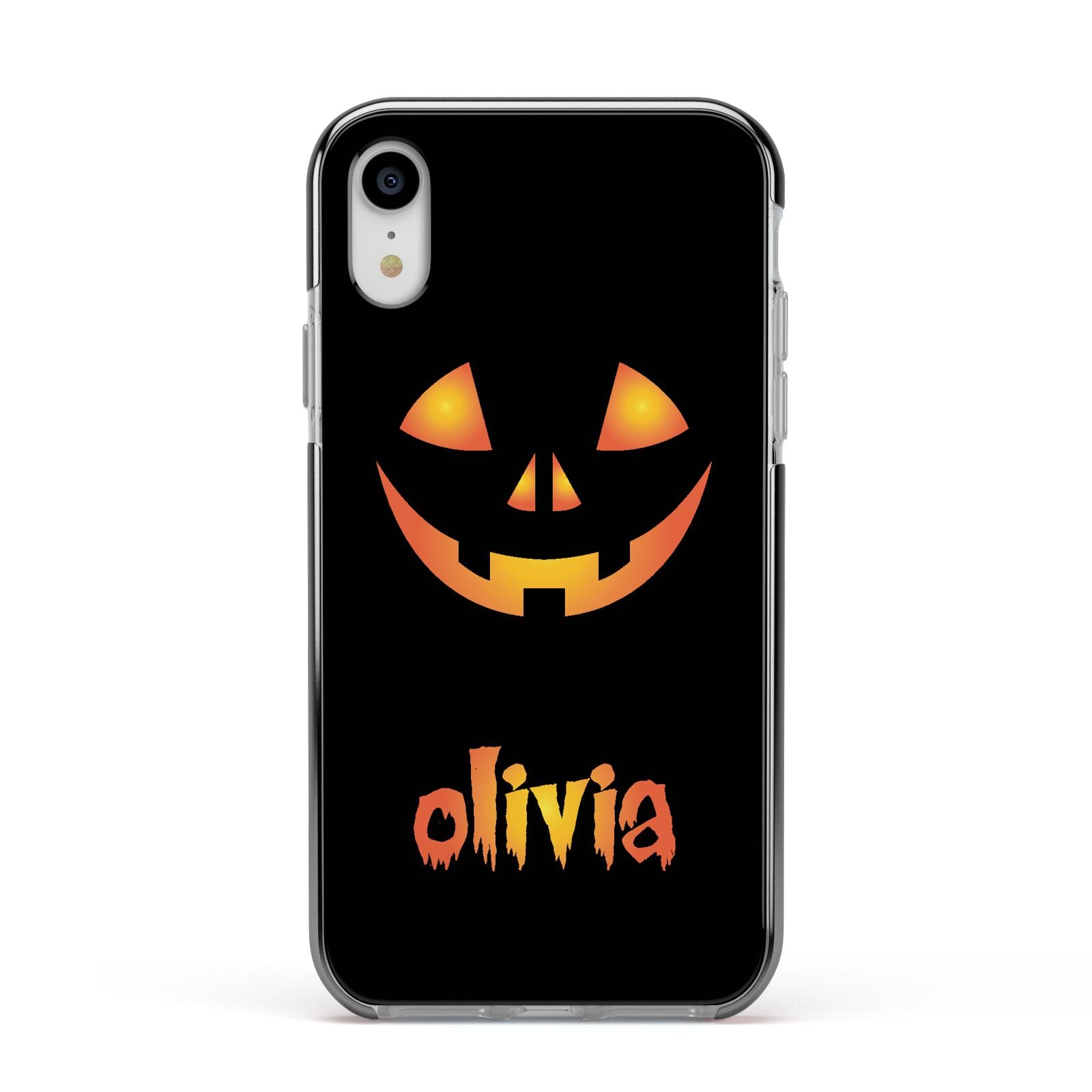 Personalised Pumpkin Face Halloween Apple iPhone XR Impact Case Black Edge on Silver Phone