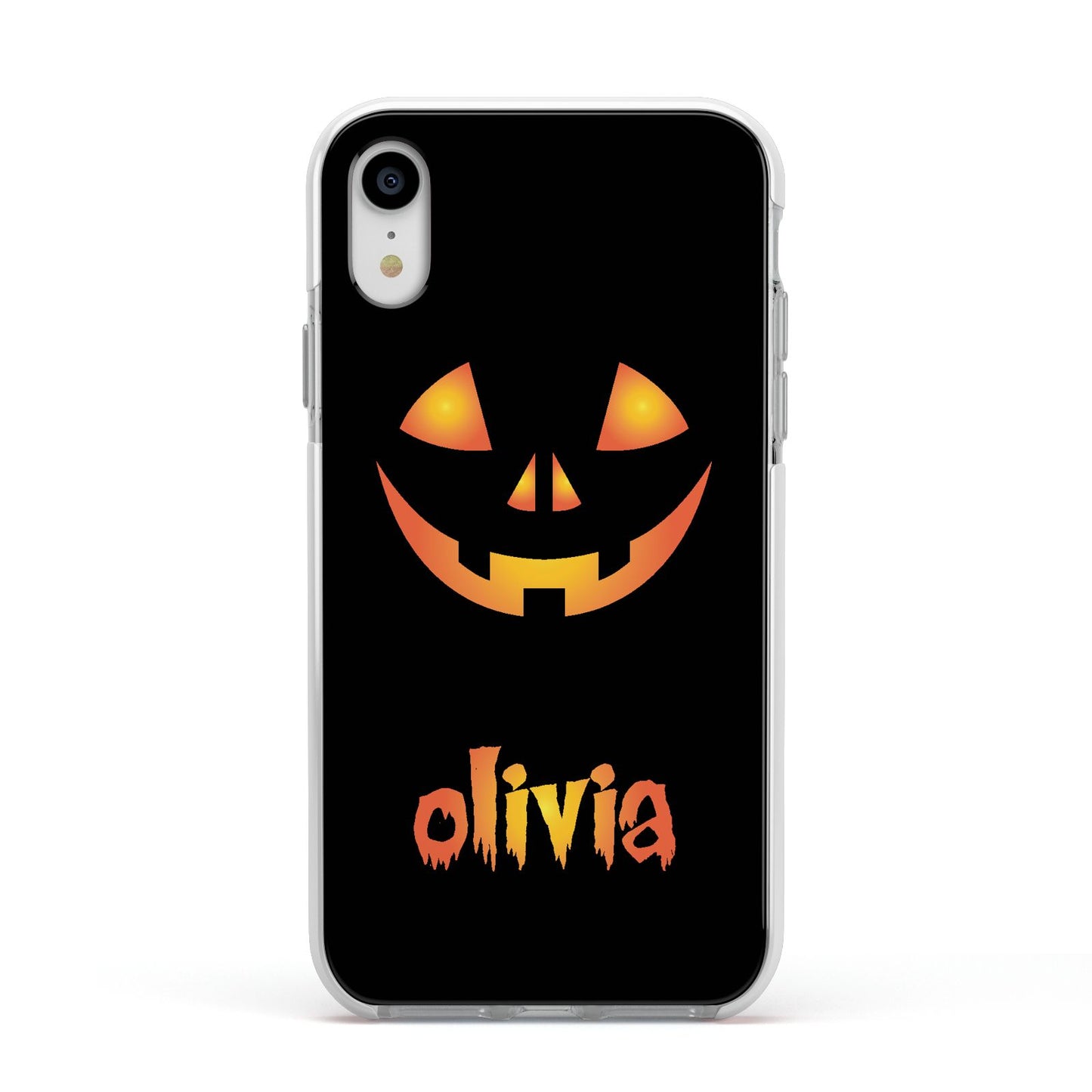 Personalised Pumpkin Face Halloween Apple iPhone XR Impact Case White Edge on Silver Phone