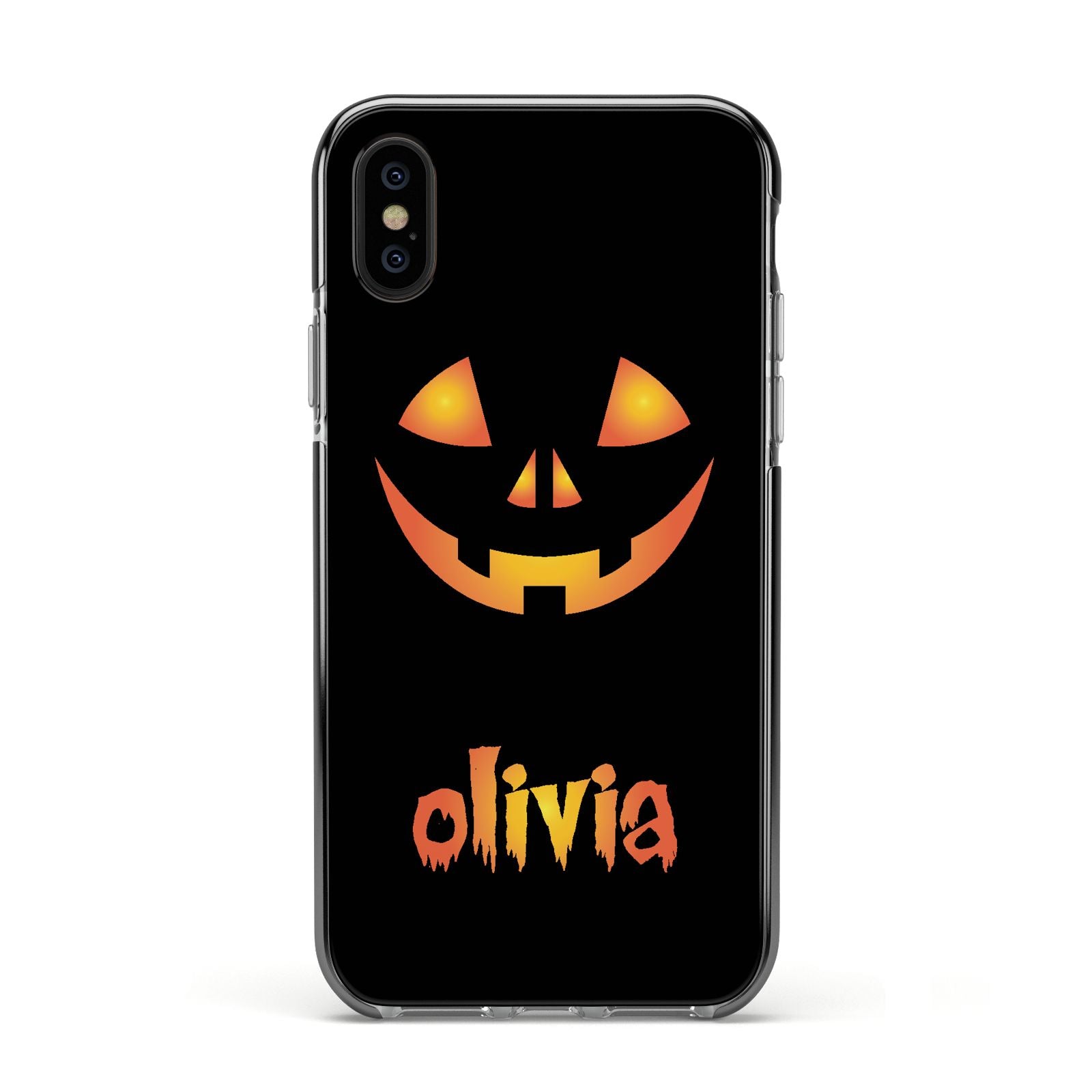 Personalised Pumpkin Face Halloween Apple iPhone Xs Impact Case Black Edge on Black Phone