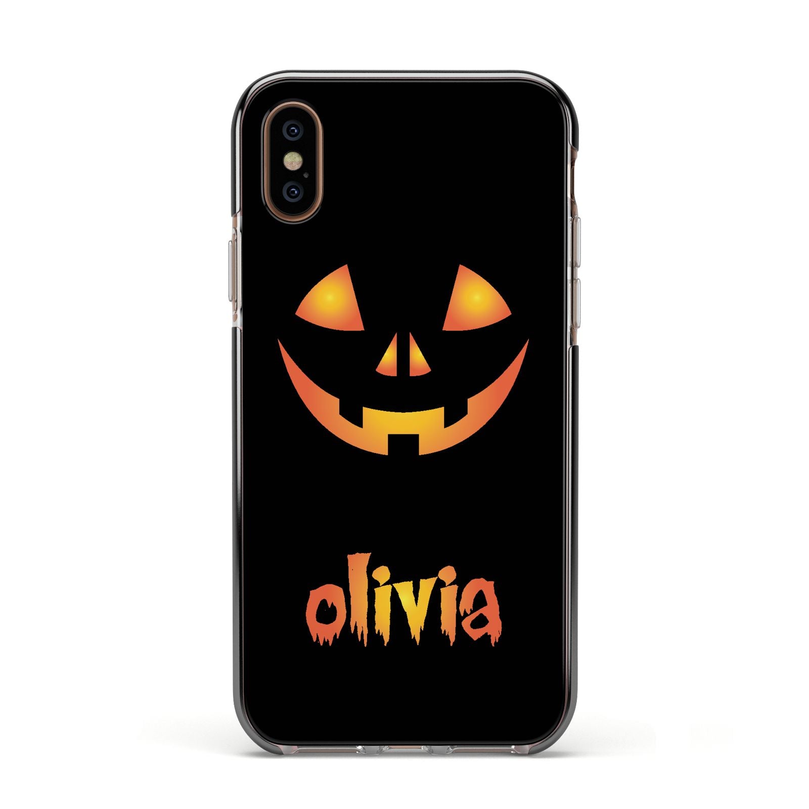 Personalised Pumpkin Face Halloween Apple iPhone Xs Impact Case Black Edge on Gold Phone