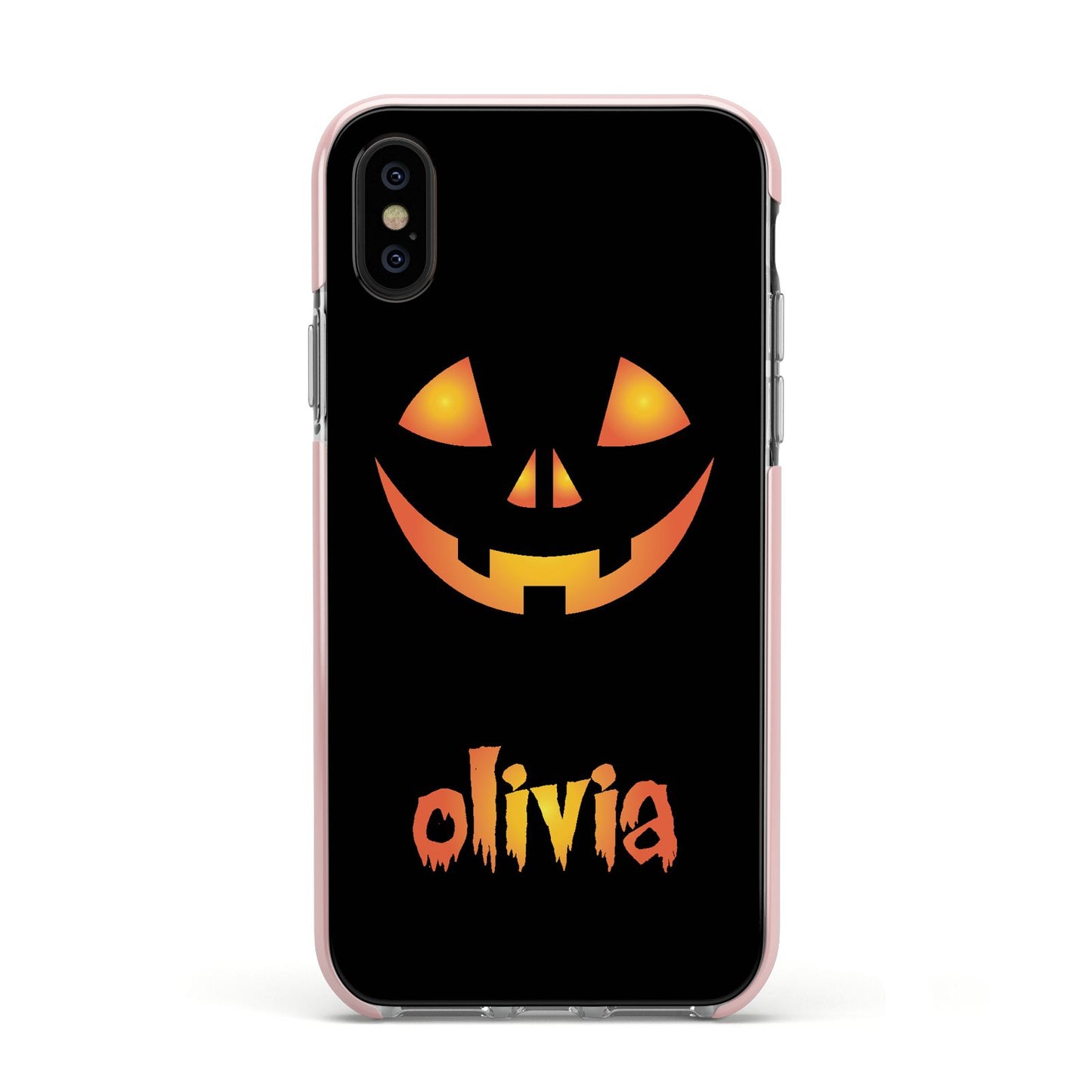 Personalised Pumpkin Face Halloween Apple iPhone Xs Impact Case Pink Edge on Black Phone