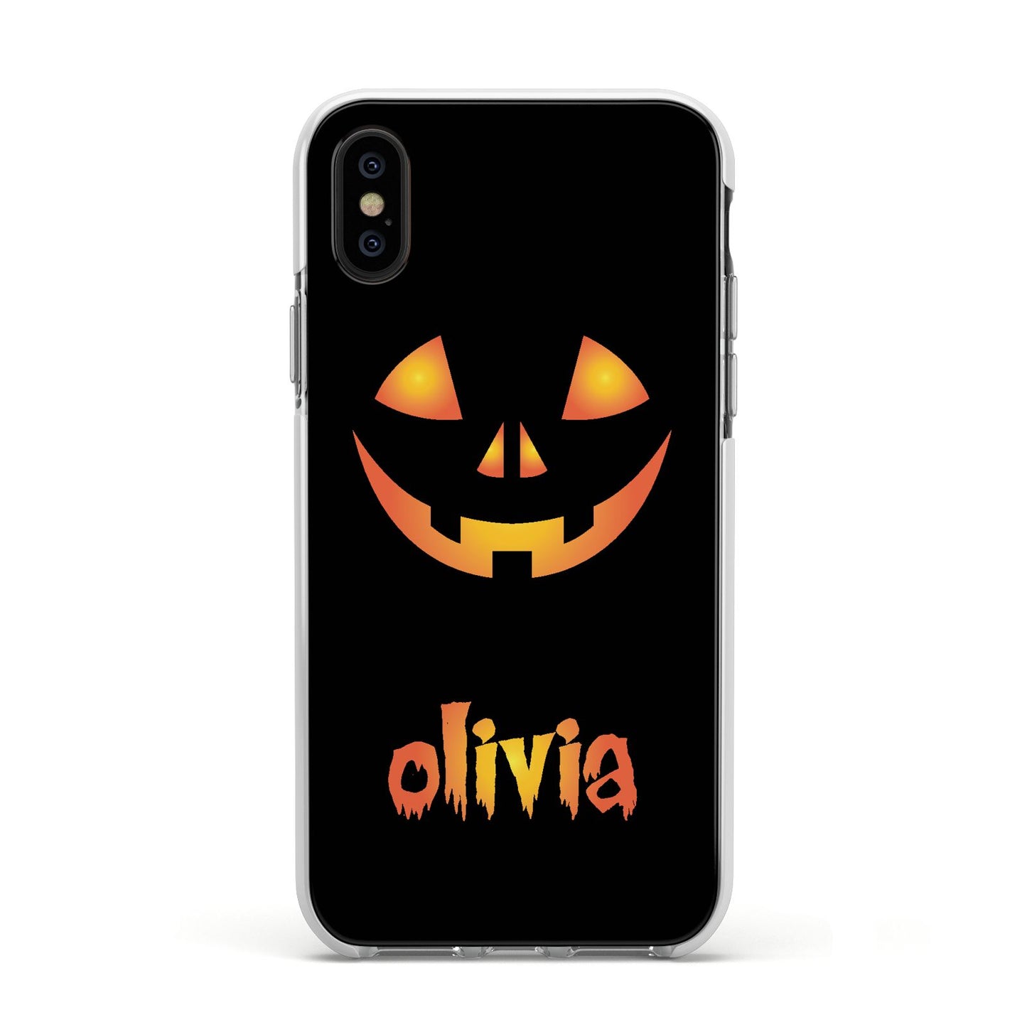 Personalised Pumpkin Face Halloween Apple iPhone Xs Impact Case White Edge on Black Phone