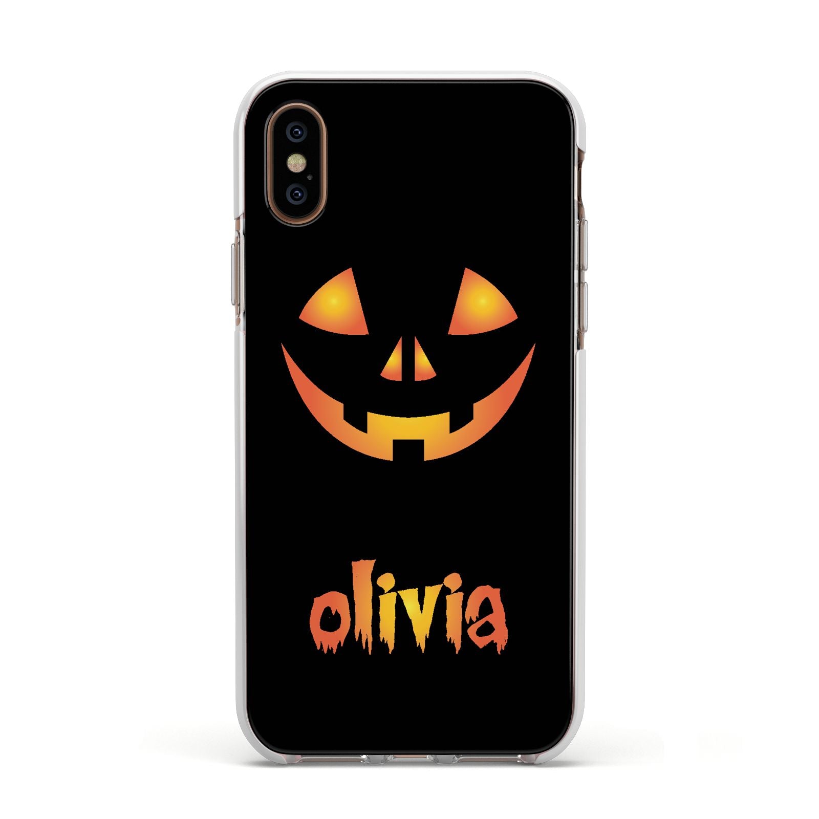 Personalised Pumpkin Face Halloween Apple iPhone Xs Impact Case White Edge on Gold Phone