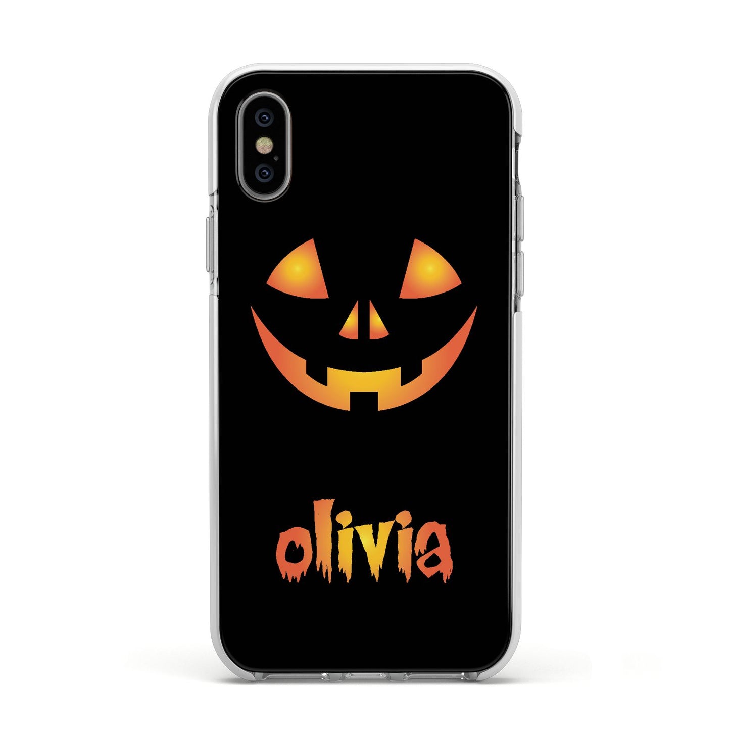 Personalised Pumpkin Face Halloween Apple iPhone Xs Impact Case White Edge on Silver Phone