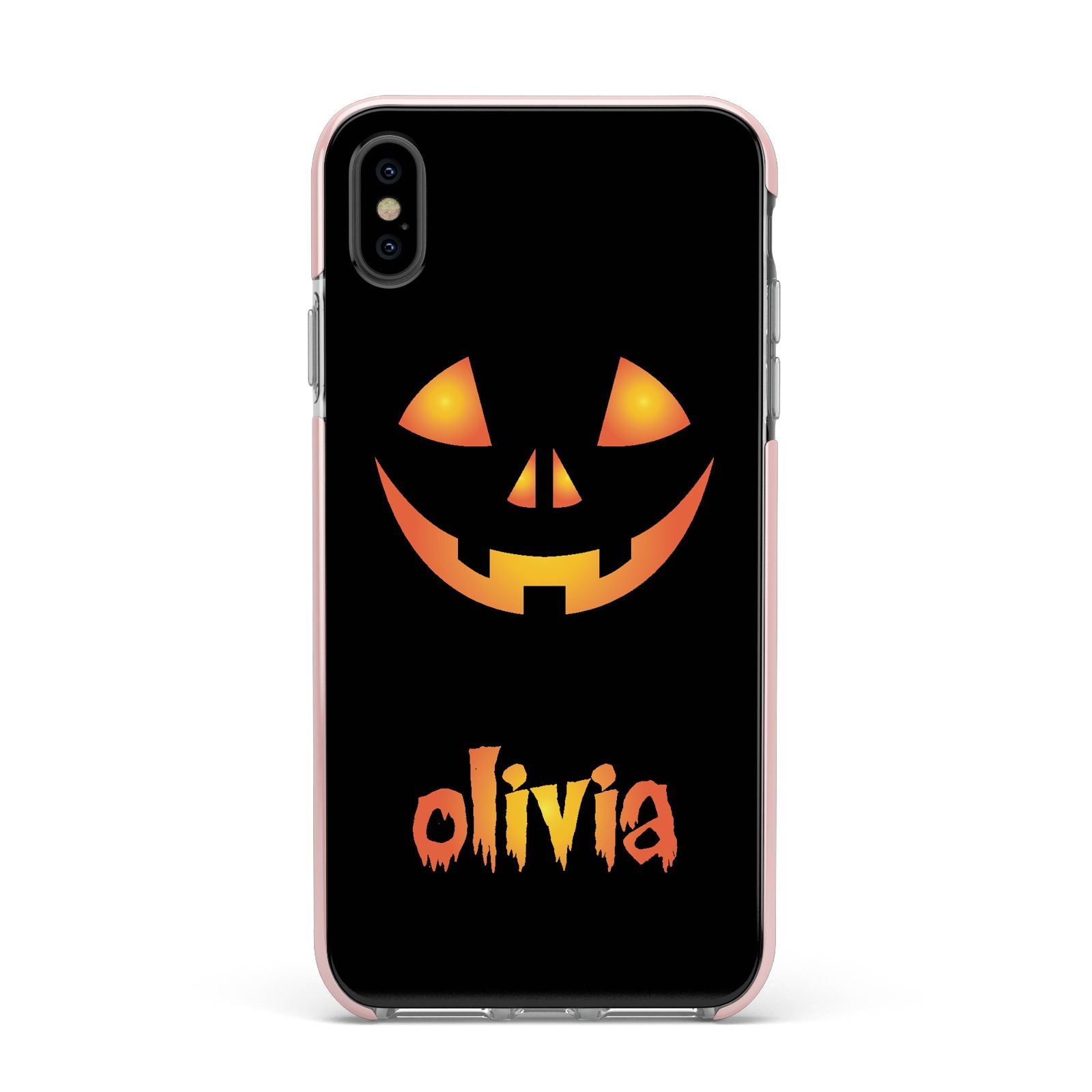 Personalised Pumpkin Face Halloween Apple iPhone Xs Max Impact Case Pink Edge on Black Phone