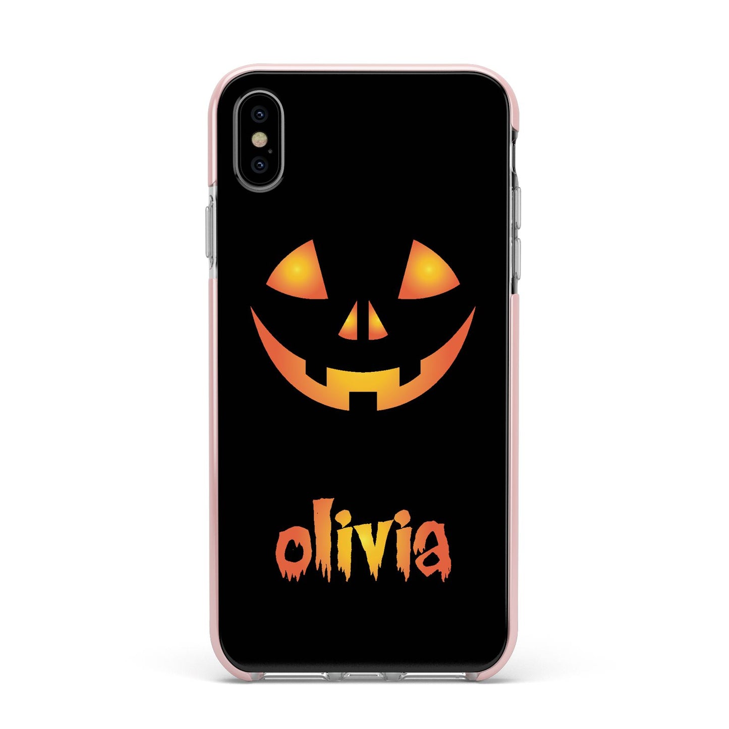 Personalised Pumpkin Face Halloween Apple iPhone Xs Max Impact Case Pink Edge on Silver Phone