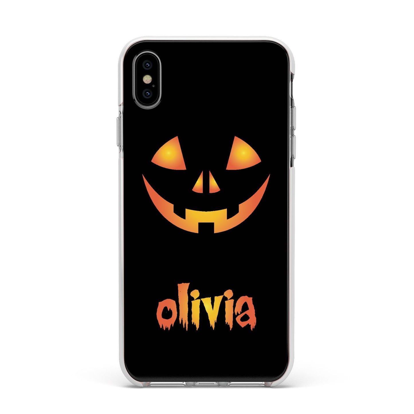 Personalised Pumpkin Face Halloween Apple iPhone Xs Max Impact Case White Edge on Silver Phone