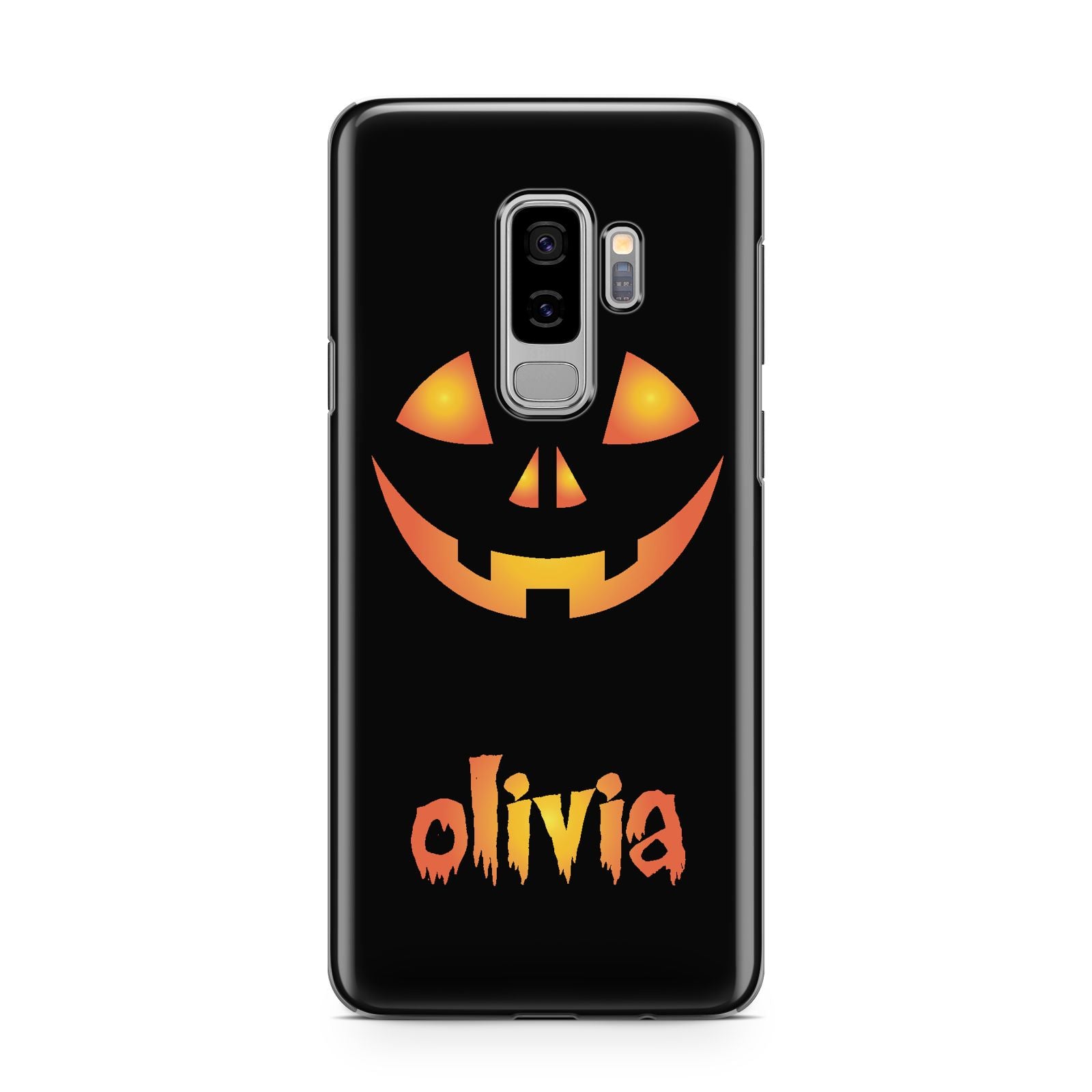 Personalised Pumpkin Face Halloween Samsung Galaxy S9 Plus Case on Silver phone