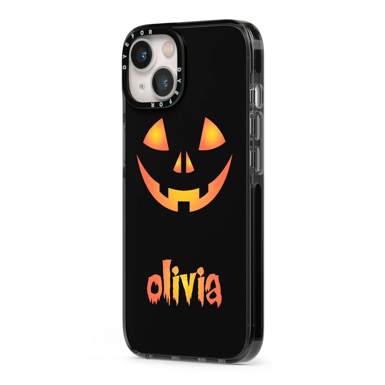 Personalised Pumpkin Face Halloween iPhone 13 Black Impact Case Side Angle on Silver phone