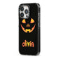 Personalised Pumpkin Face Halloween iPhone 13 Pro Black Impact Case Side Angle on Silver phone