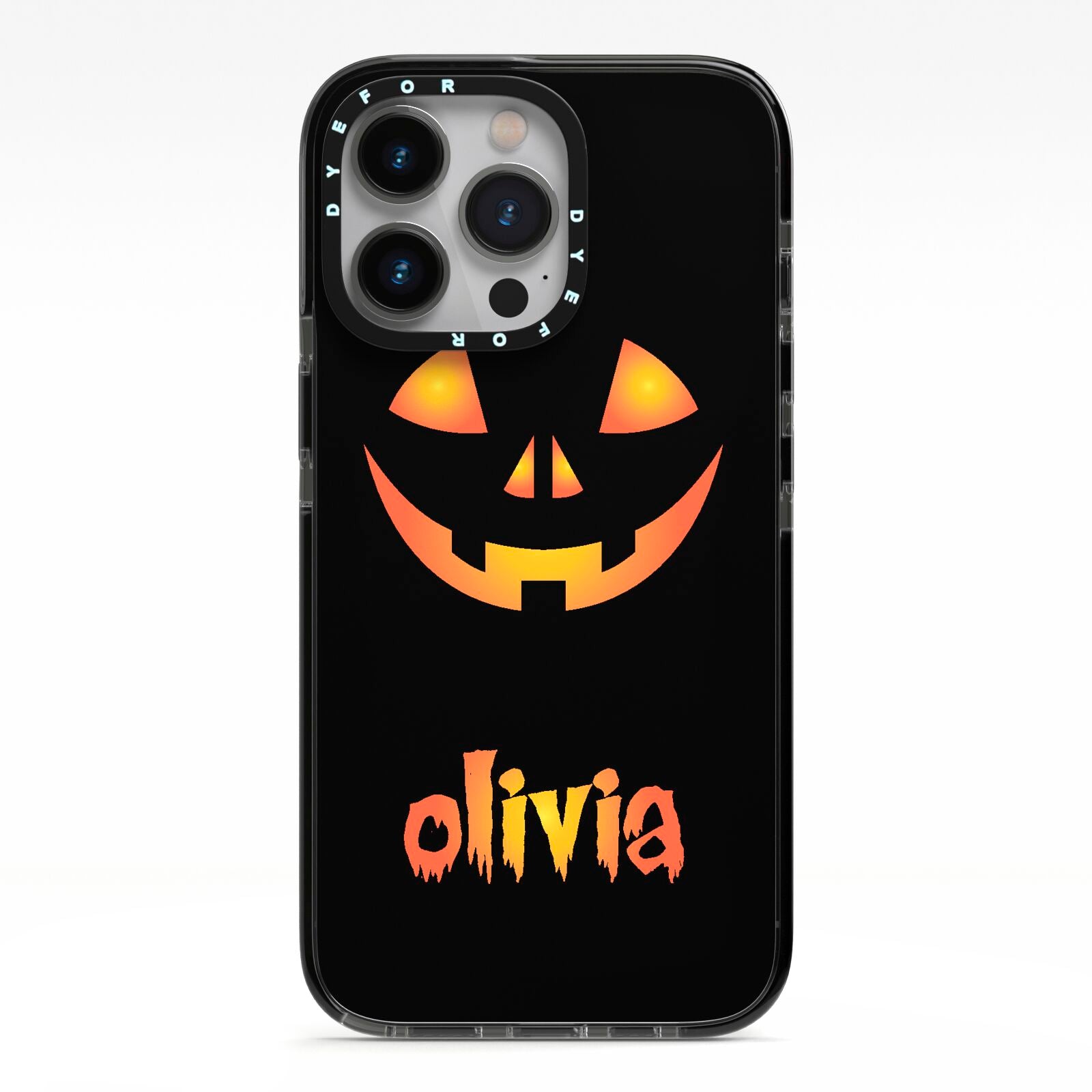 Personalised Pumpkin Face Halloween iPhone 13 Pro Black Impact Case on Silver phone