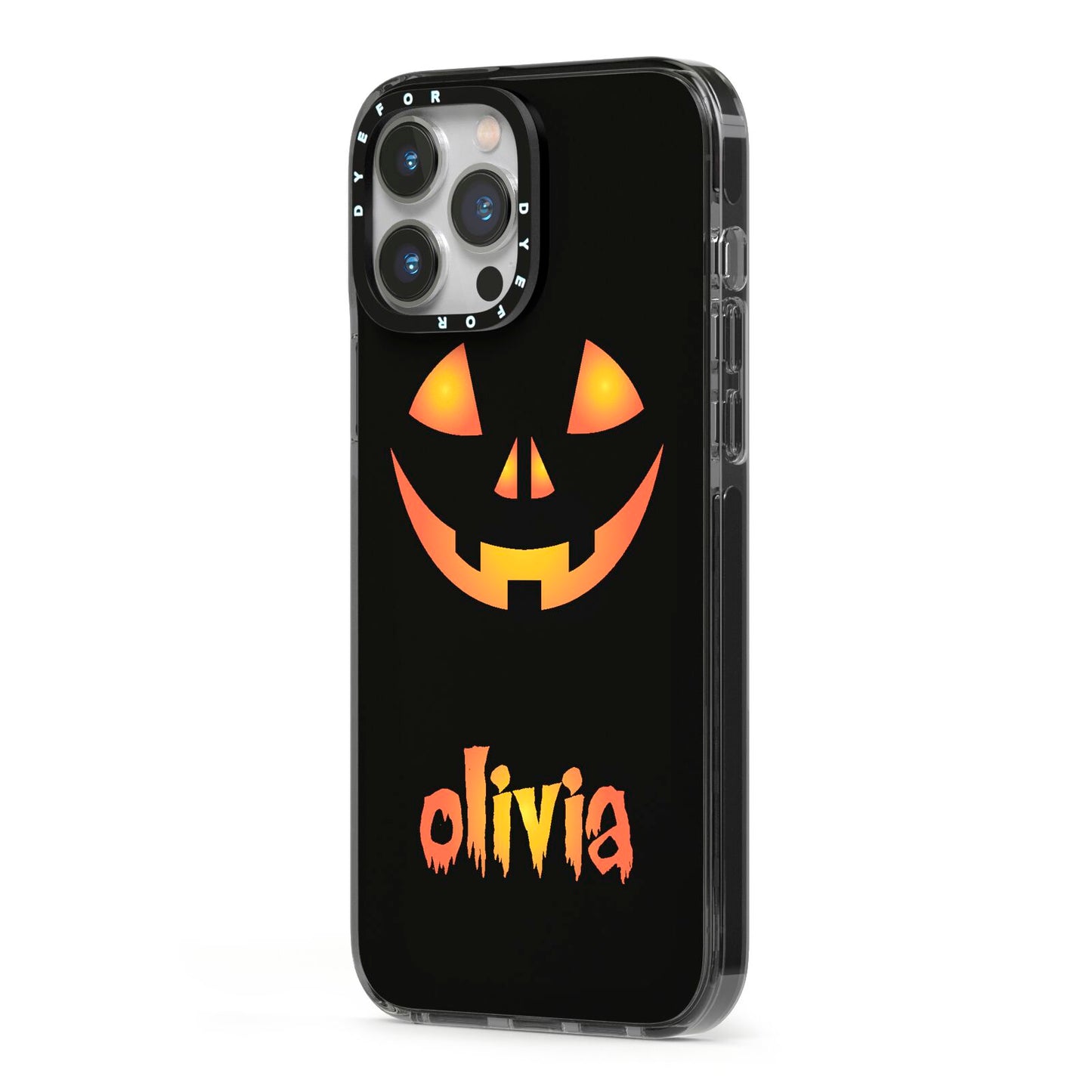 Personalised Pumpkin Face Halloween iPhone 13 Pro Max Black Impact Case Side Angle on Silver phone