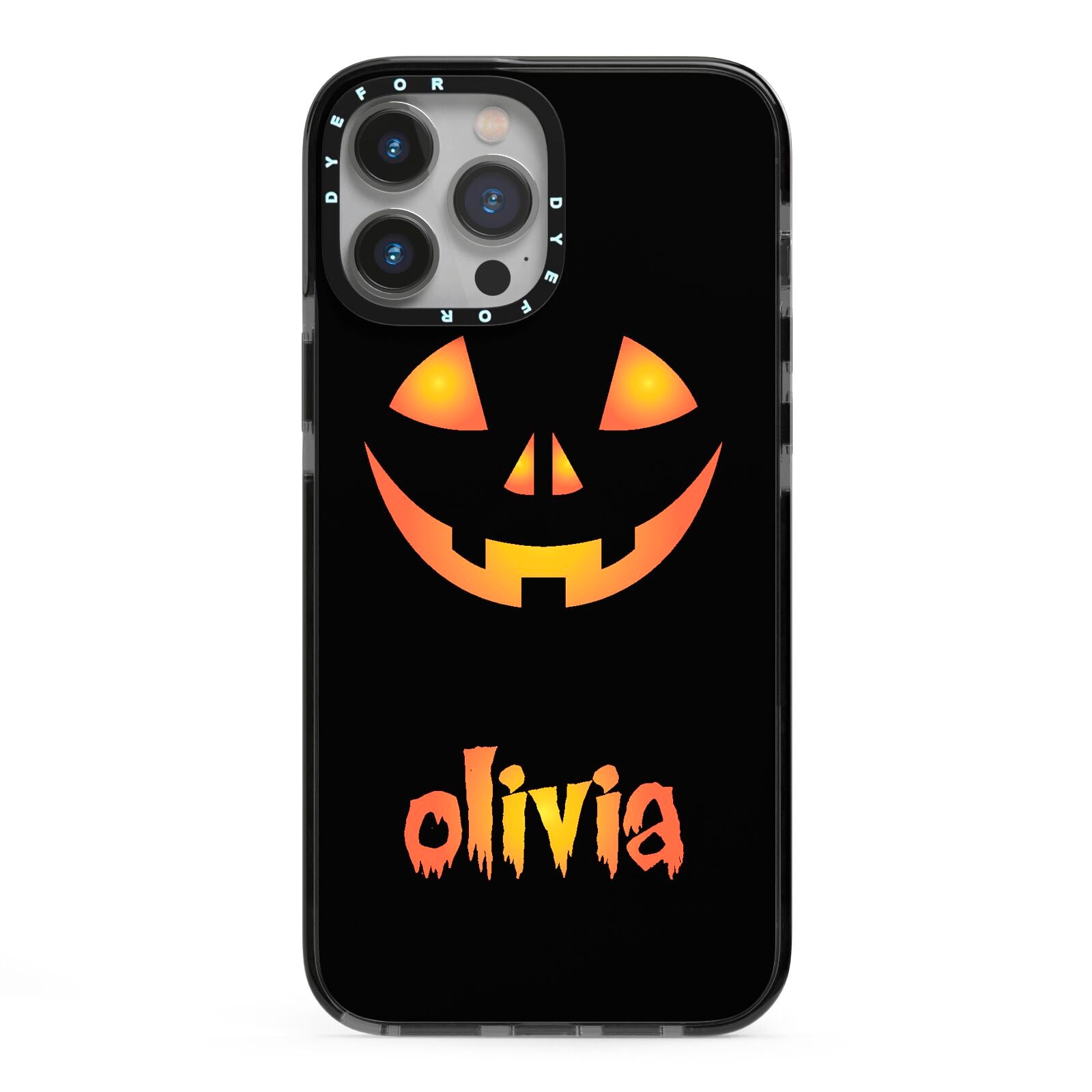 Personalised Pumpkin Face Halloween iPhone 13 Pro Max Black Impact Case on Silver phone