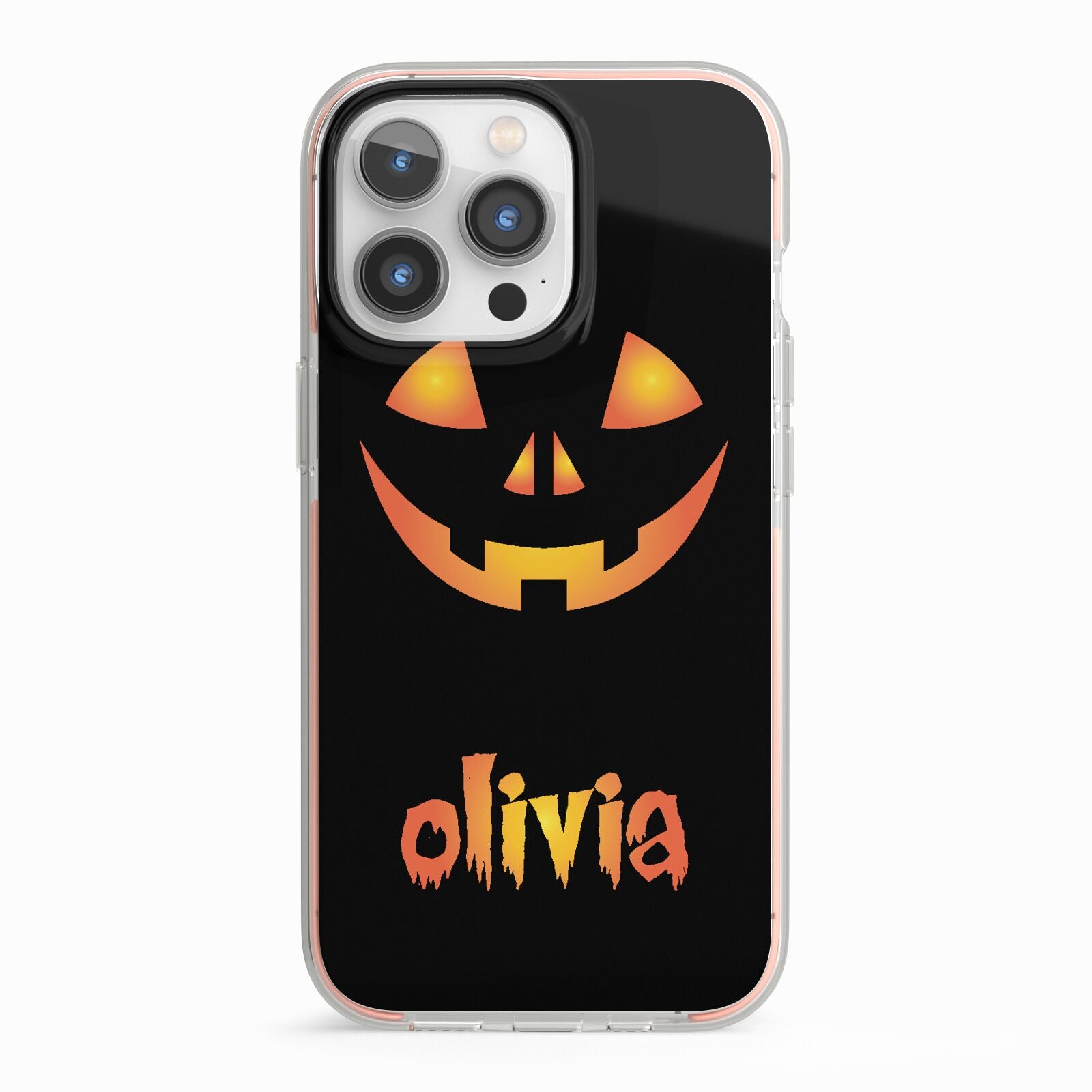 Personalised Pumpkin Face Halloween iPhone 13 Pro TPU Impact Case with Pink Edges