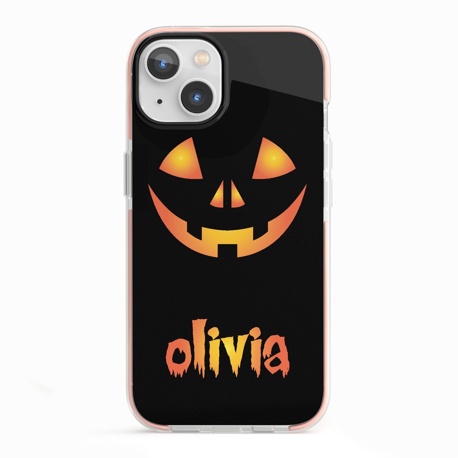 Personalised Pumpkin Face Halloween iPhone 13 TPU Impact Case with Pink Edges