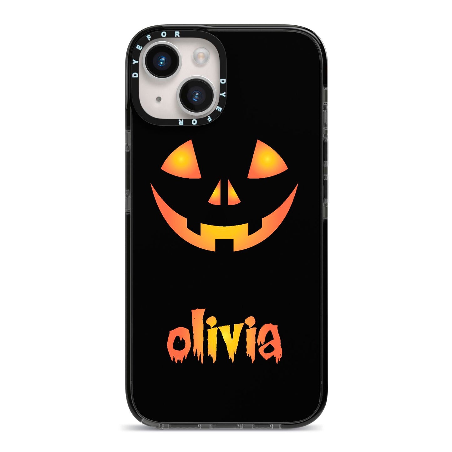 Personalised Pumpkin Face Halloween iPhone 14 Black Impact Case on Silver phone