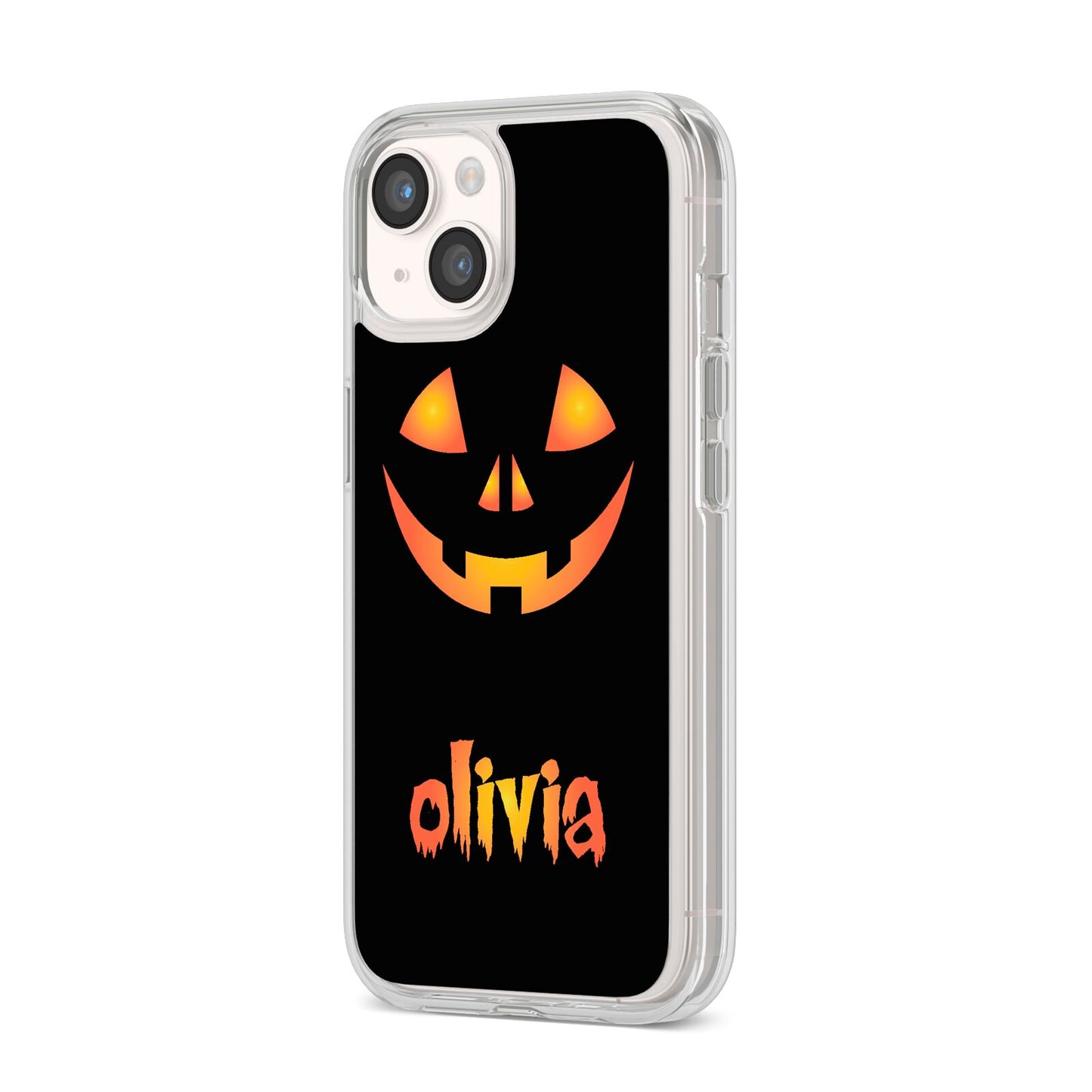 Personalised Pumpkin Face Halloween iPhone 14 Clear Tough Case Starlight Angled Image