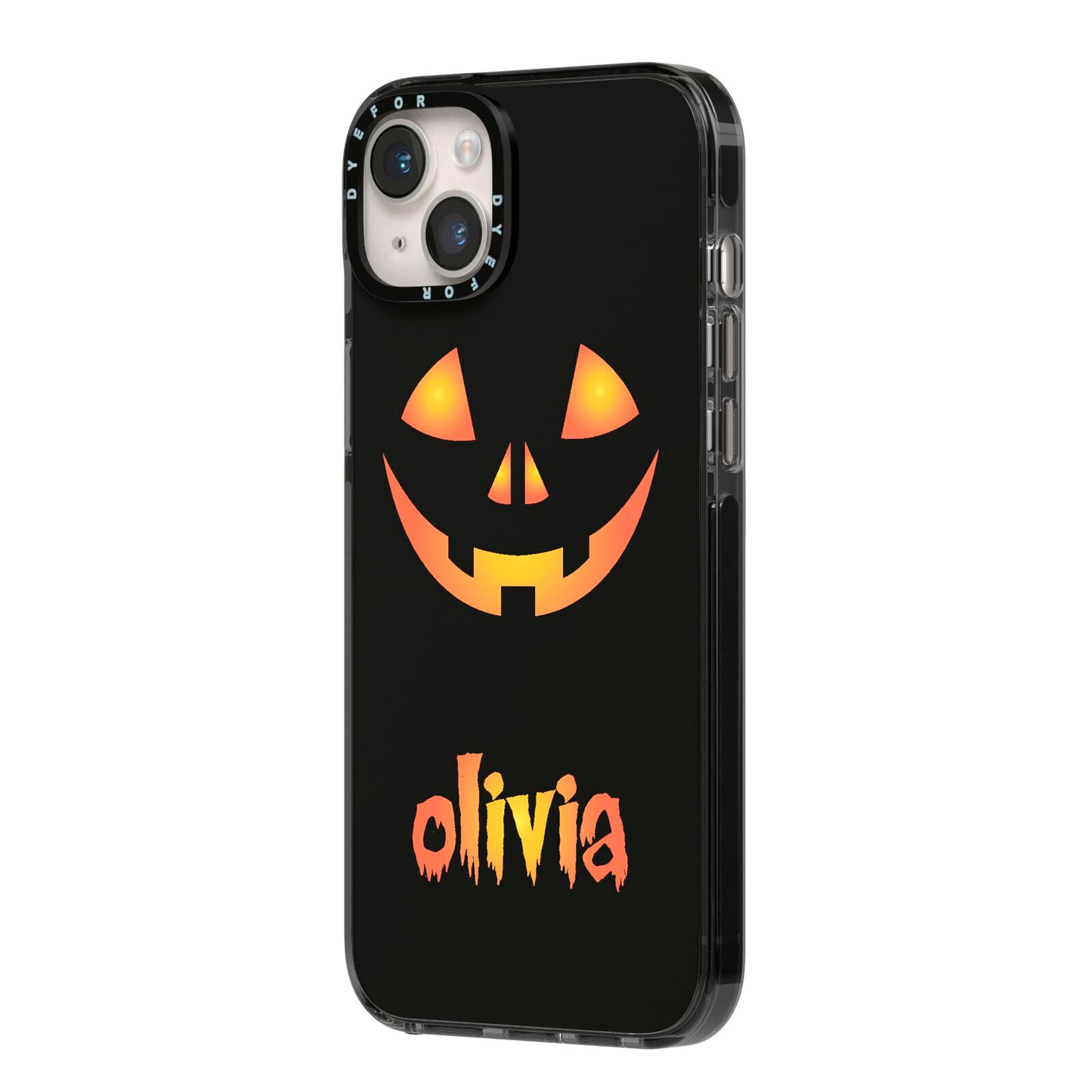 Personalised Pumpkin Face Halloween iPhone 14 Plus Black Impact Case Side Angle on Silver phone